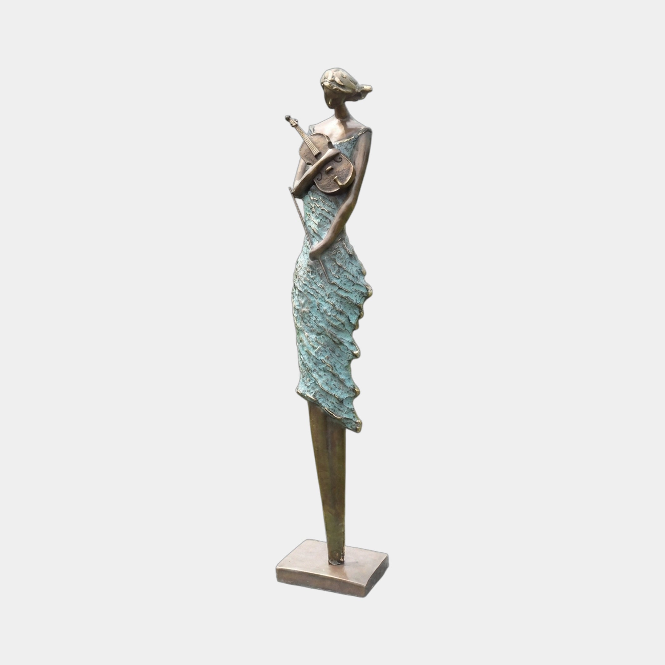 Large Contemporary Violinist Bronze Sculpture by Giant Sculptures, elongated female figure in verdigris textured dress holding a violin, on a plain background.