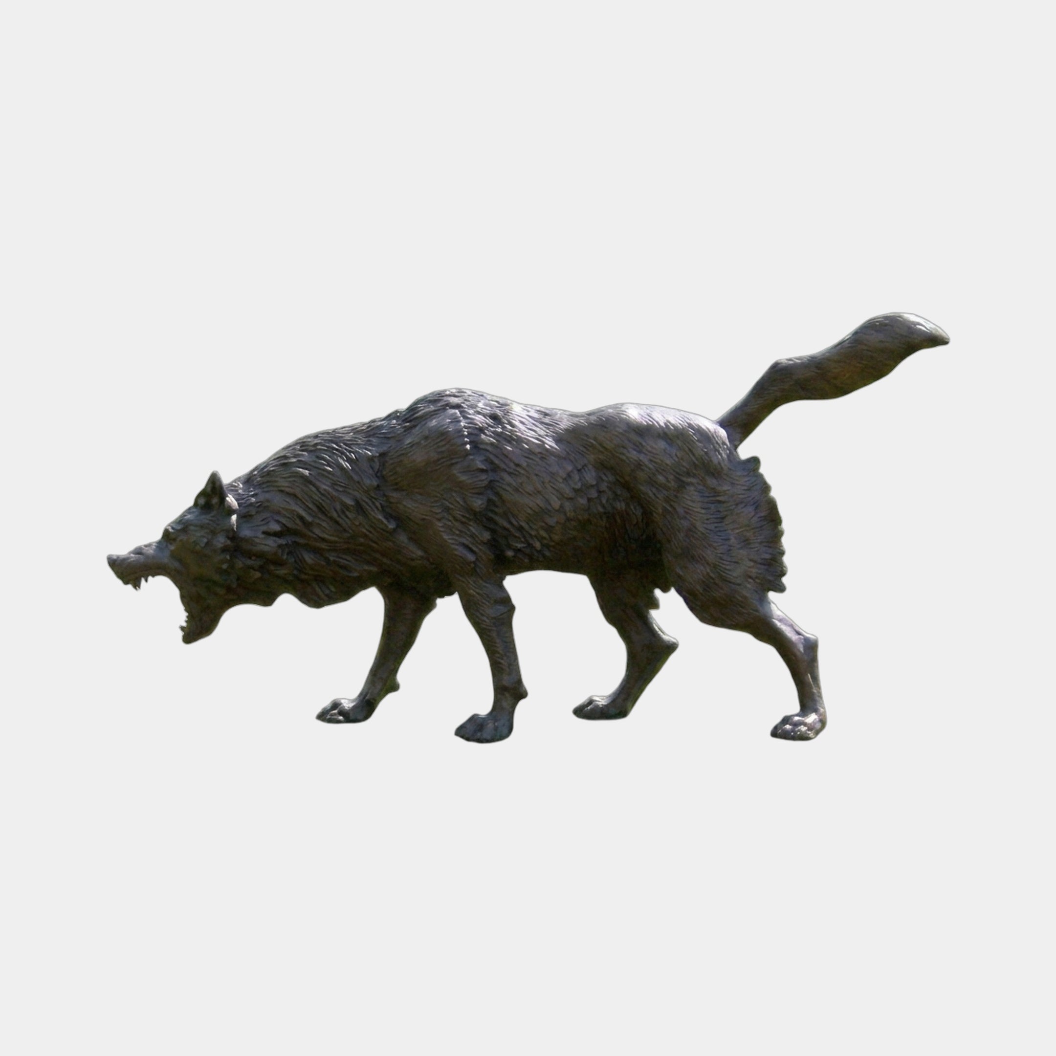 Side view of the Giant Sculptures Large Contemporary Wild Boar Bronze Sculpture in a dark patina, shown snarling with tail raised against a plain background.