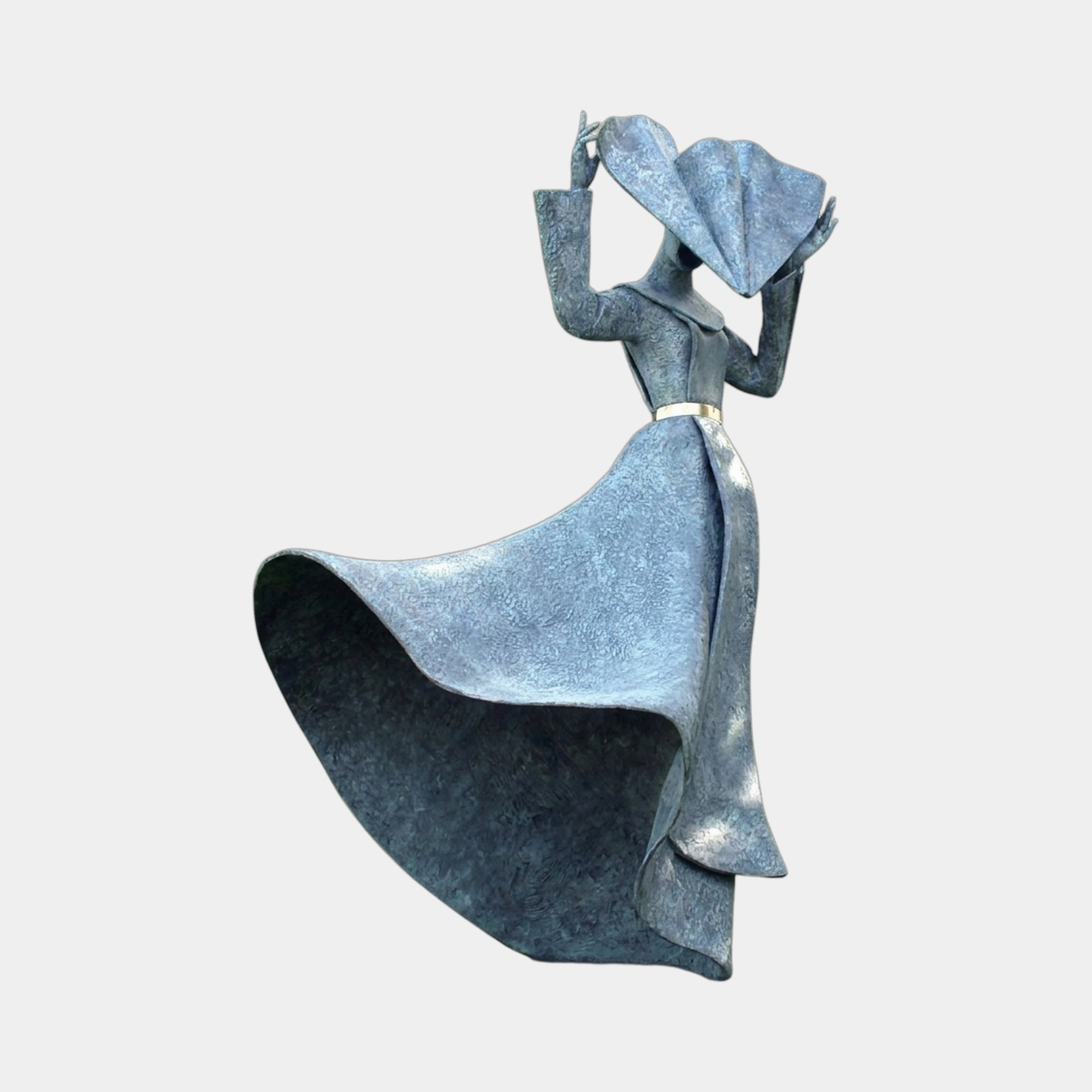 Large Contemporary Wind-Swept Female Figure Bronze Sculpture by Giant Sculptures, 220cm tall with grey-blue patina, skirt billowing sideways, set on a plain background.