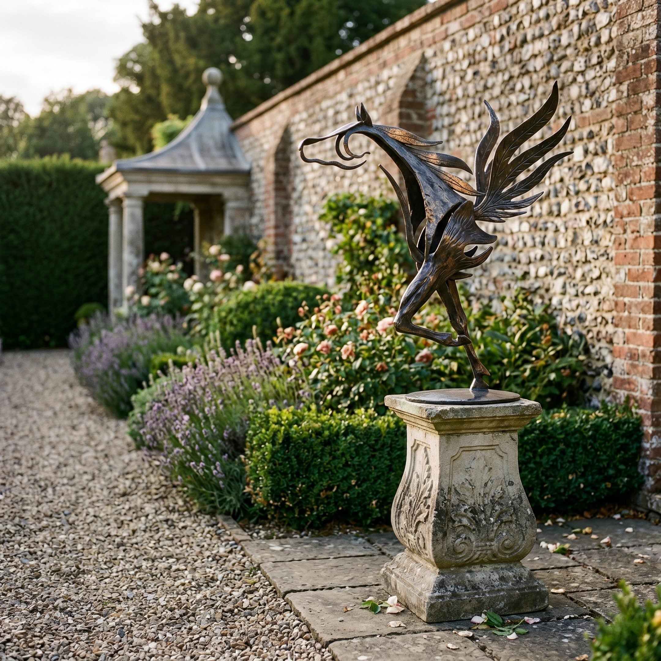 Large Contemporary Winged Horse Bronze Sculpture by Giant Sculptures on a carved stone plinth in a walled garden with lavender, roses, and a stone pavilion.