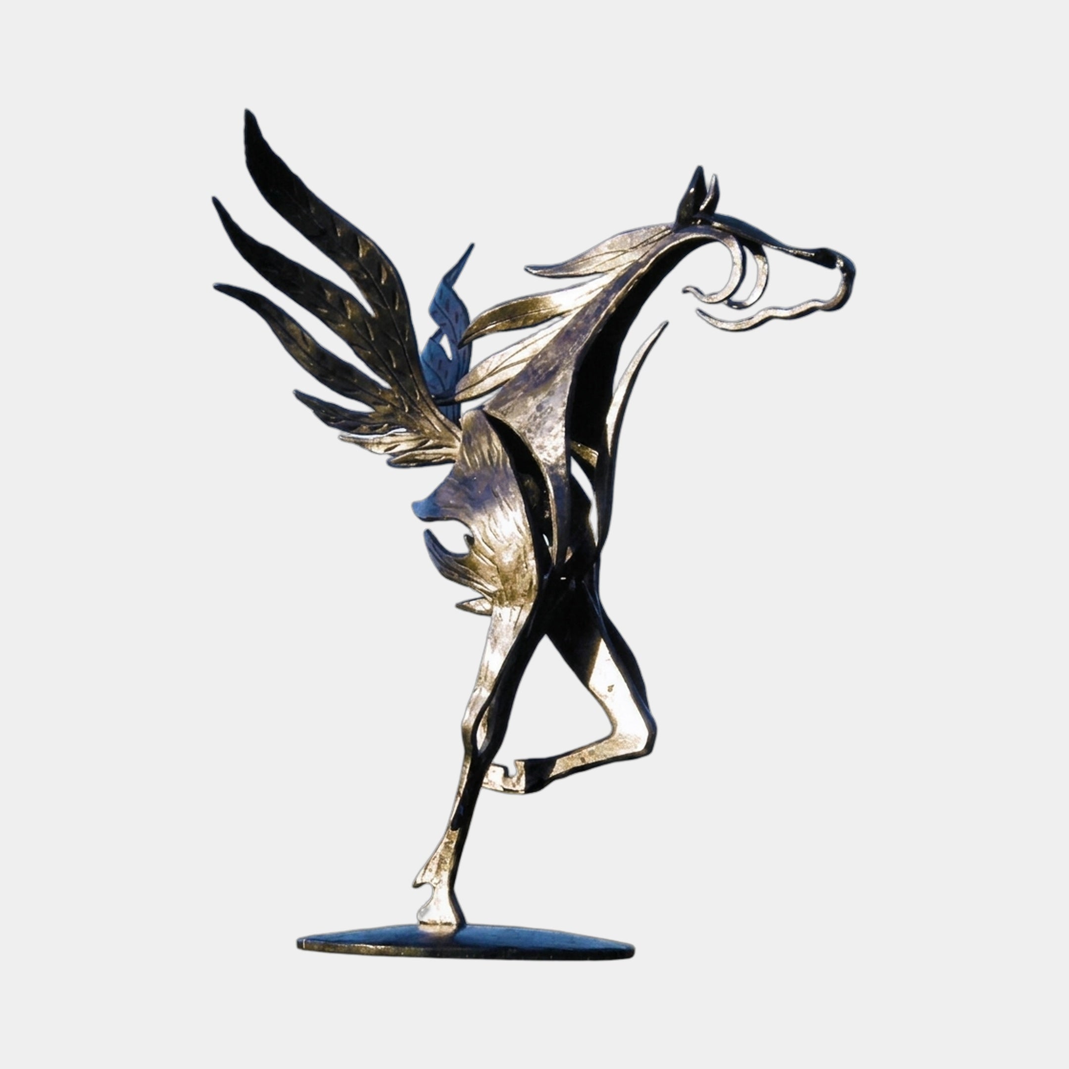 Large Contemporary Winged Horse Bronze Sculpture by Giant Sculptures, 90cm rearing Pegasus with spread wings and two-tone gold and black patina on a flat base.