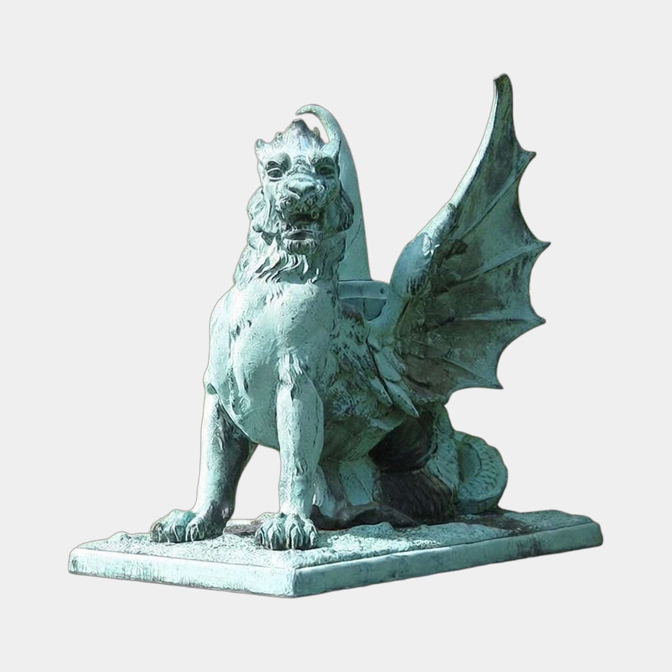 Large Heraldic Winged Lion-Dragon Gargoyle Bronze Sculpture by Giant Sculptures shown seated with wings spread, finished in verdigris green patina on a plain background.