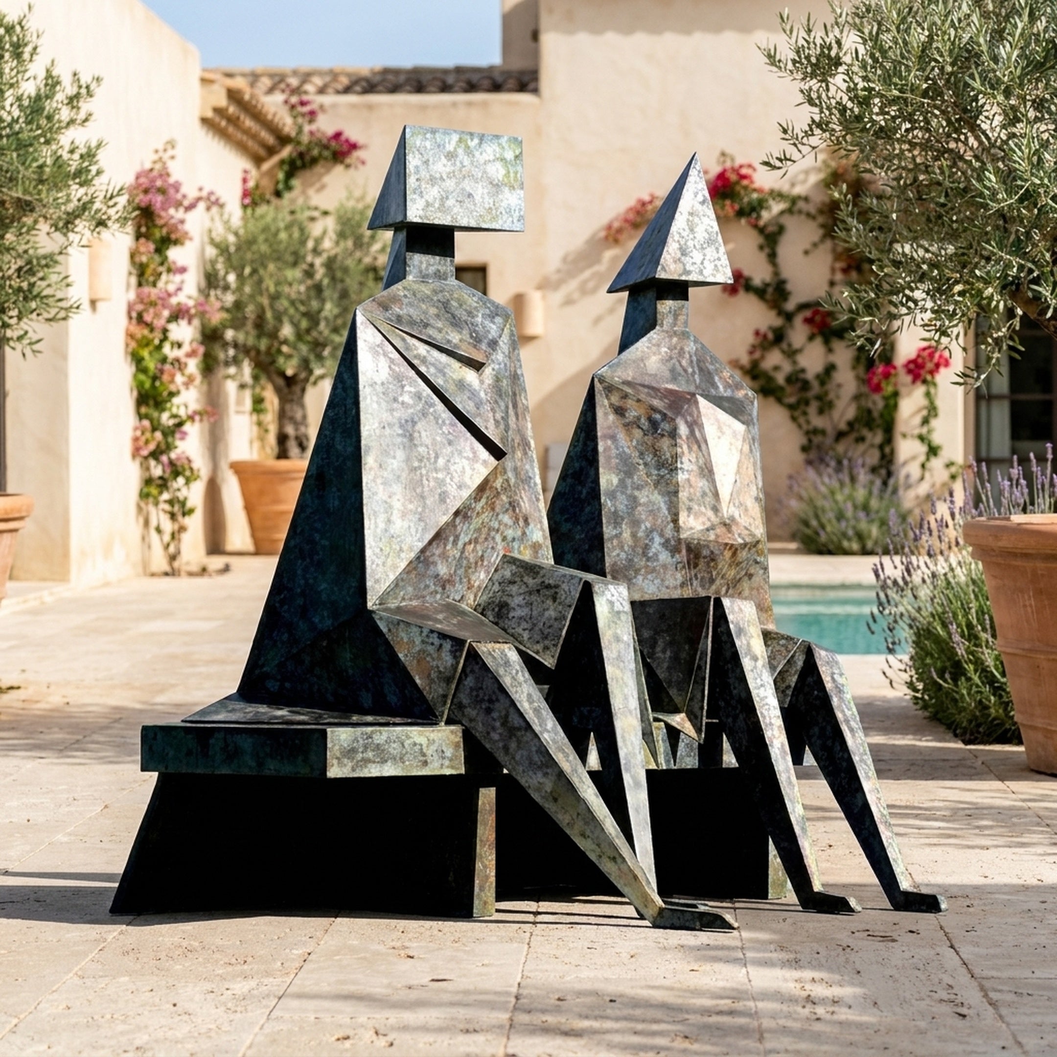 Large Modern Geometric Seated Figures Bronze Sculpture by Giant Sculptures, two faceted figures with cube and pyramid heads on a sunlit Mediterranean terrace.