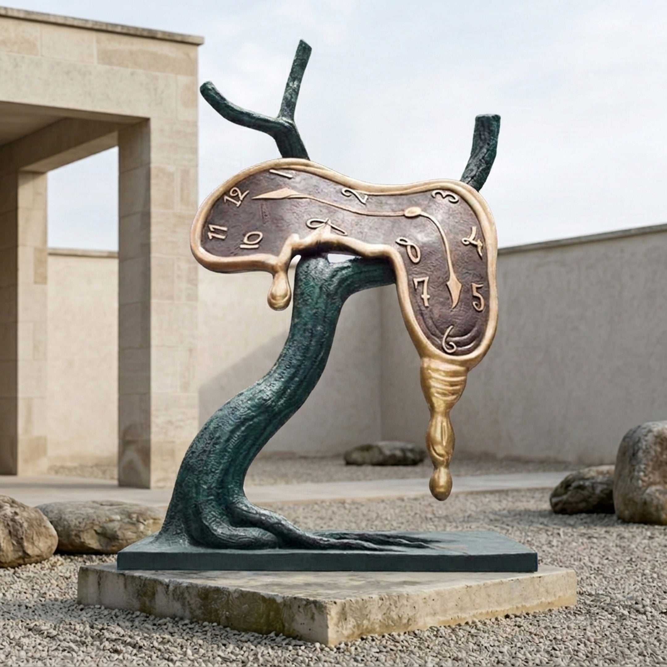 Large Modern Melting Clock Bronze Sculpture by Giant Sculptures, 220cm, with golden clock face draped over a green-black twisted trunk in a gravel courtyard.