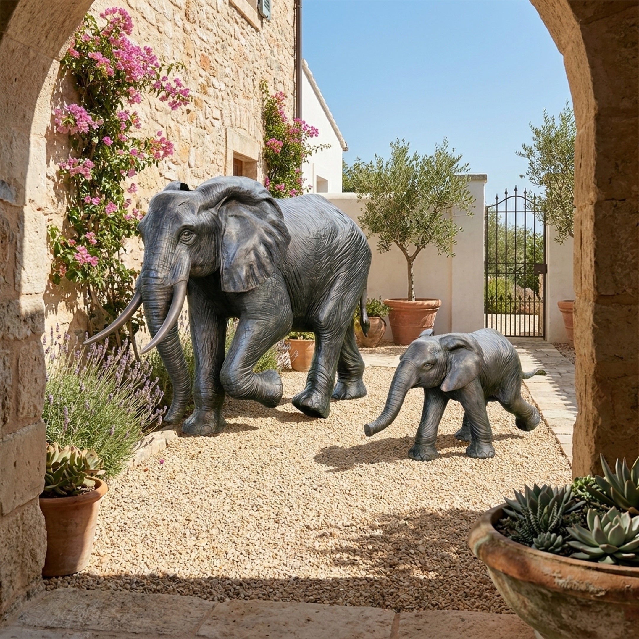 Large Traditional Adult and Baby Elephant Bronze Sculpture by Giant Sculptures in a Mediterranean stone courtyard with bougainvillea, lavender, and olive trees.