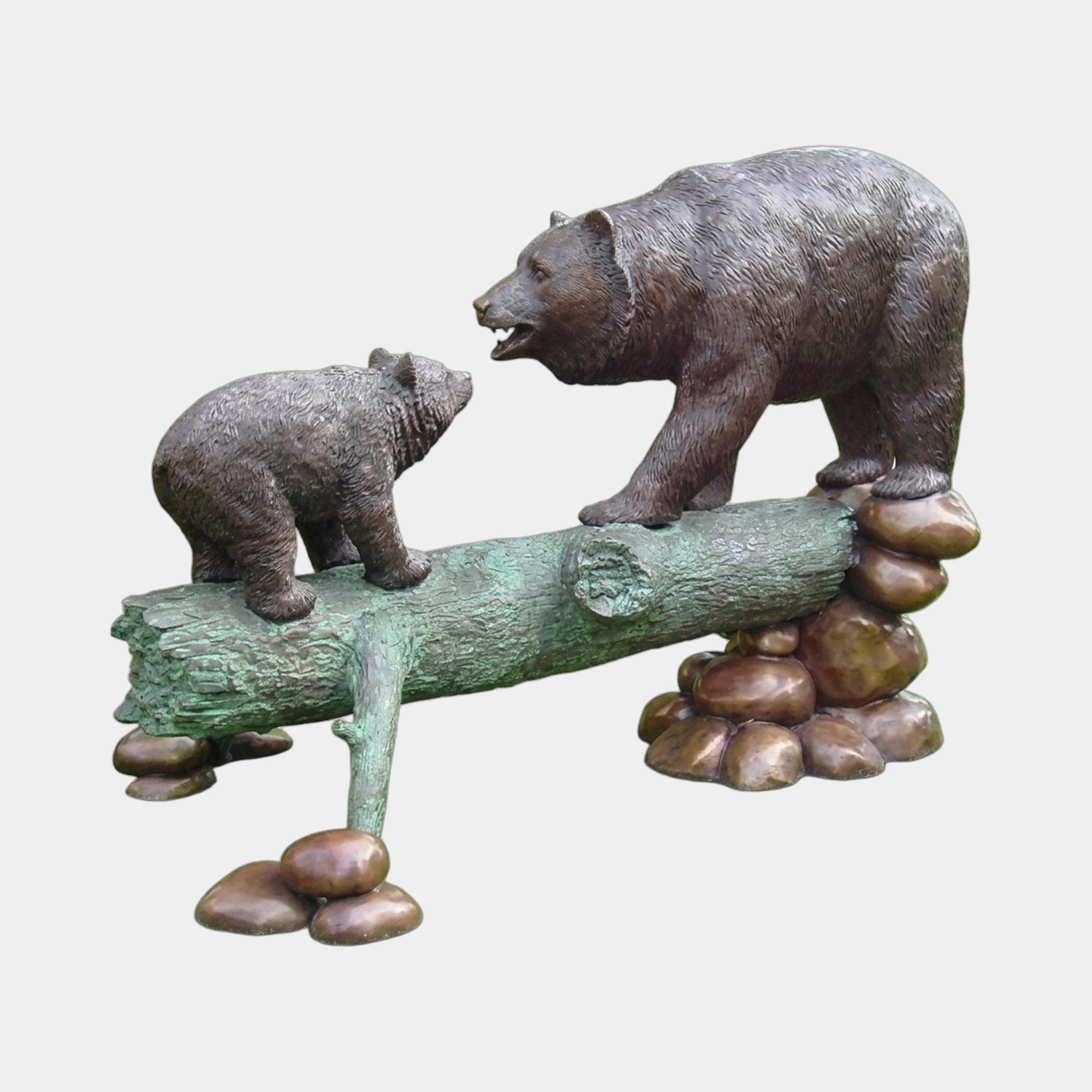 Large Traditional Bear and Cub Bronze Sculpture by Giant Sculptures, adult bear and cub facing each other on a verdigris log raised on bronze river stones.