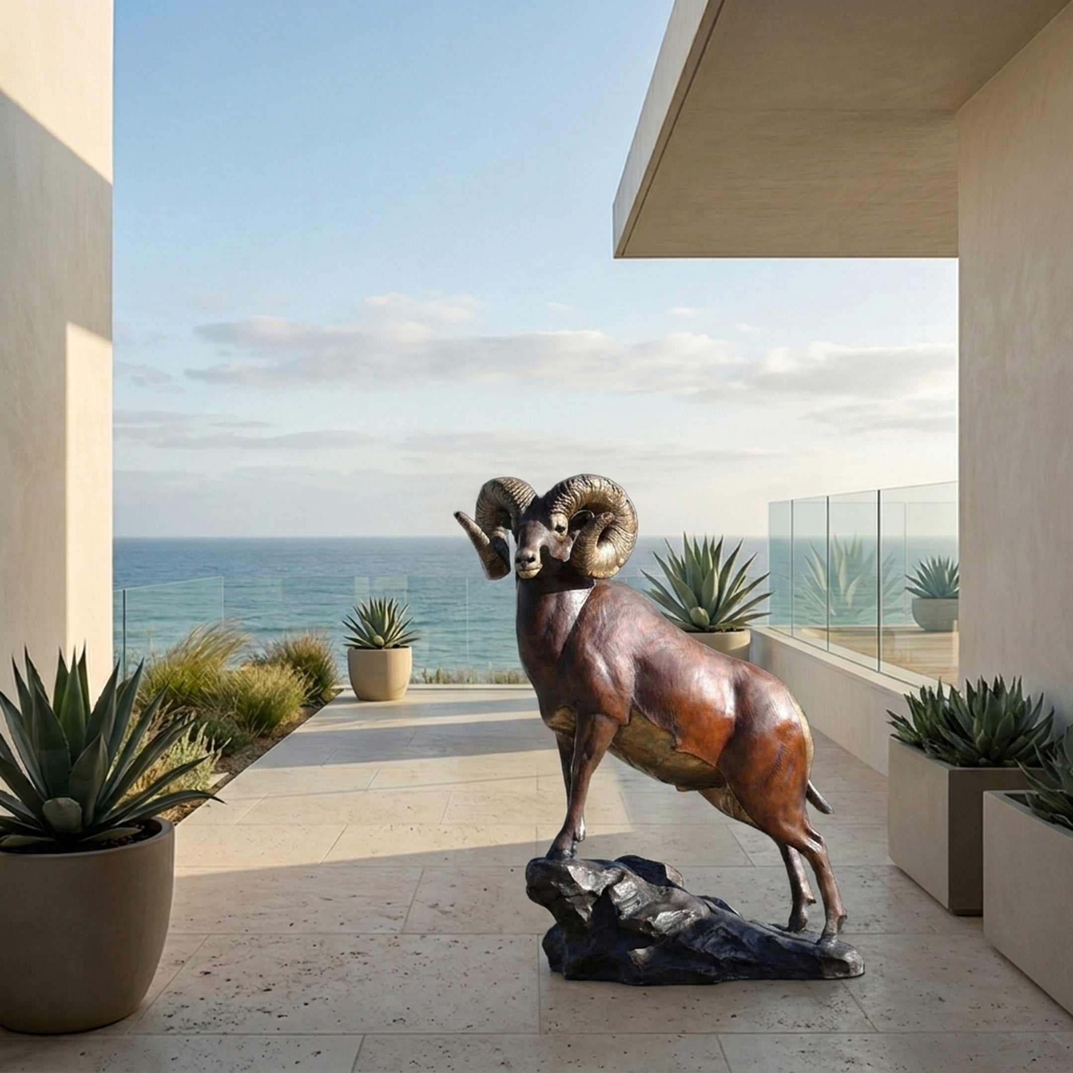 Large Traditional Bighorn Rams Bronze Sculpture by Giant Sculptures with reddish-brown patina and gold-toned horns, displayed on a coastal terrace overlooking the ocean.