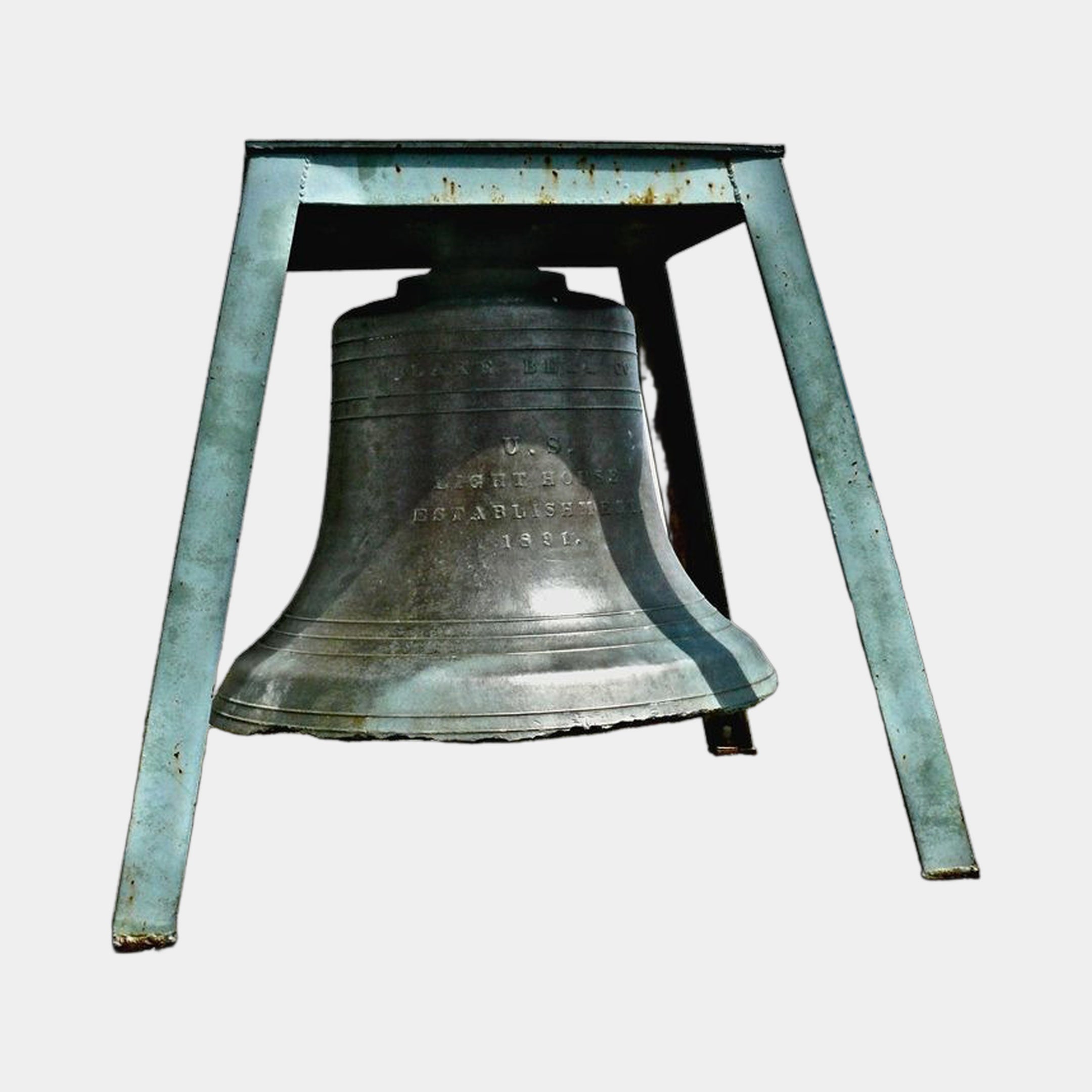 Large Traditional Bronze Bell Sculpture 90cm by Giant Sculptures, with U.S. Lighthouse 1891 inscription, verdigris patina, suspended in an A-frame stand.