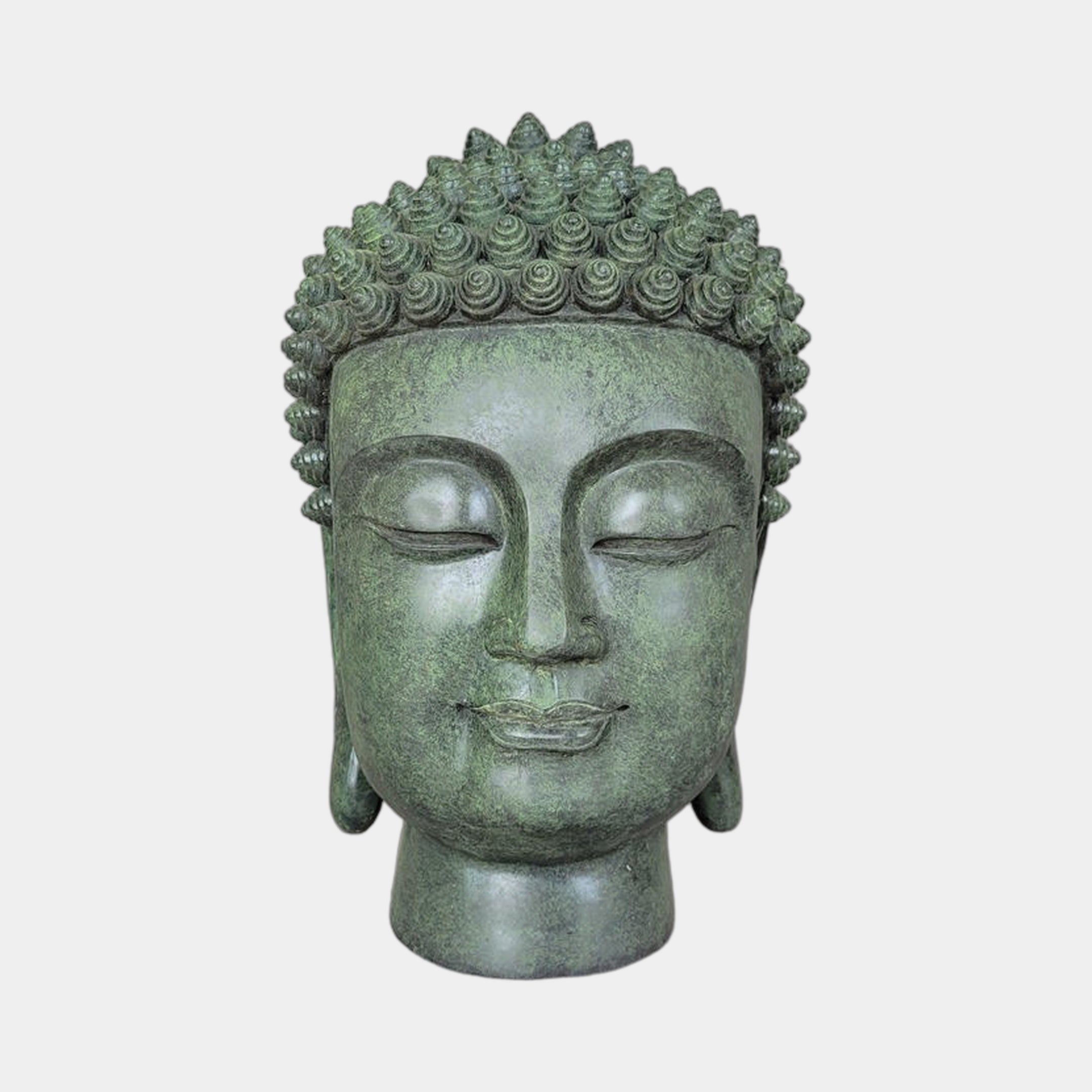 Large Traditional Buddha Head Bronze Bust by Giant Sculptures, 150cm front-facing meditative form with verdigris patina and spiral ushnisha curls, on plain background.