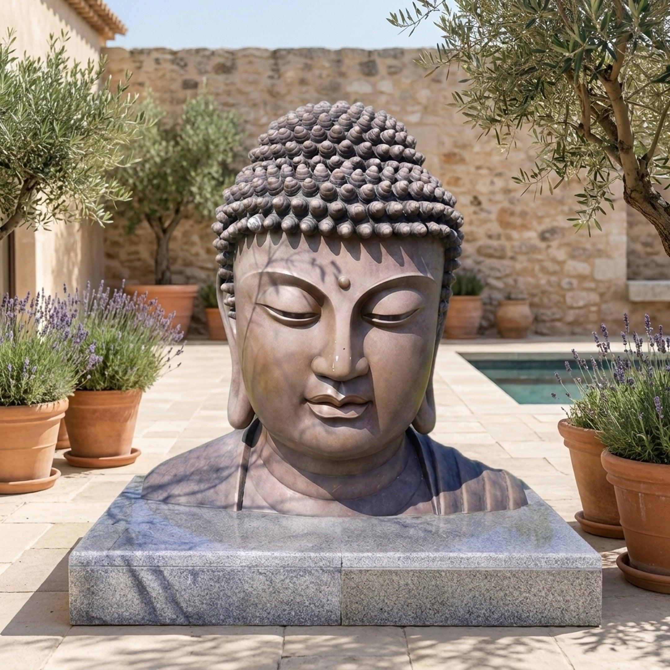 Large Traditional Buddha Head Bronze Bust by Giant Sculptures on a pale stone plinth in a Mediterranean courtyard with lavender, olive trees, and a pool.