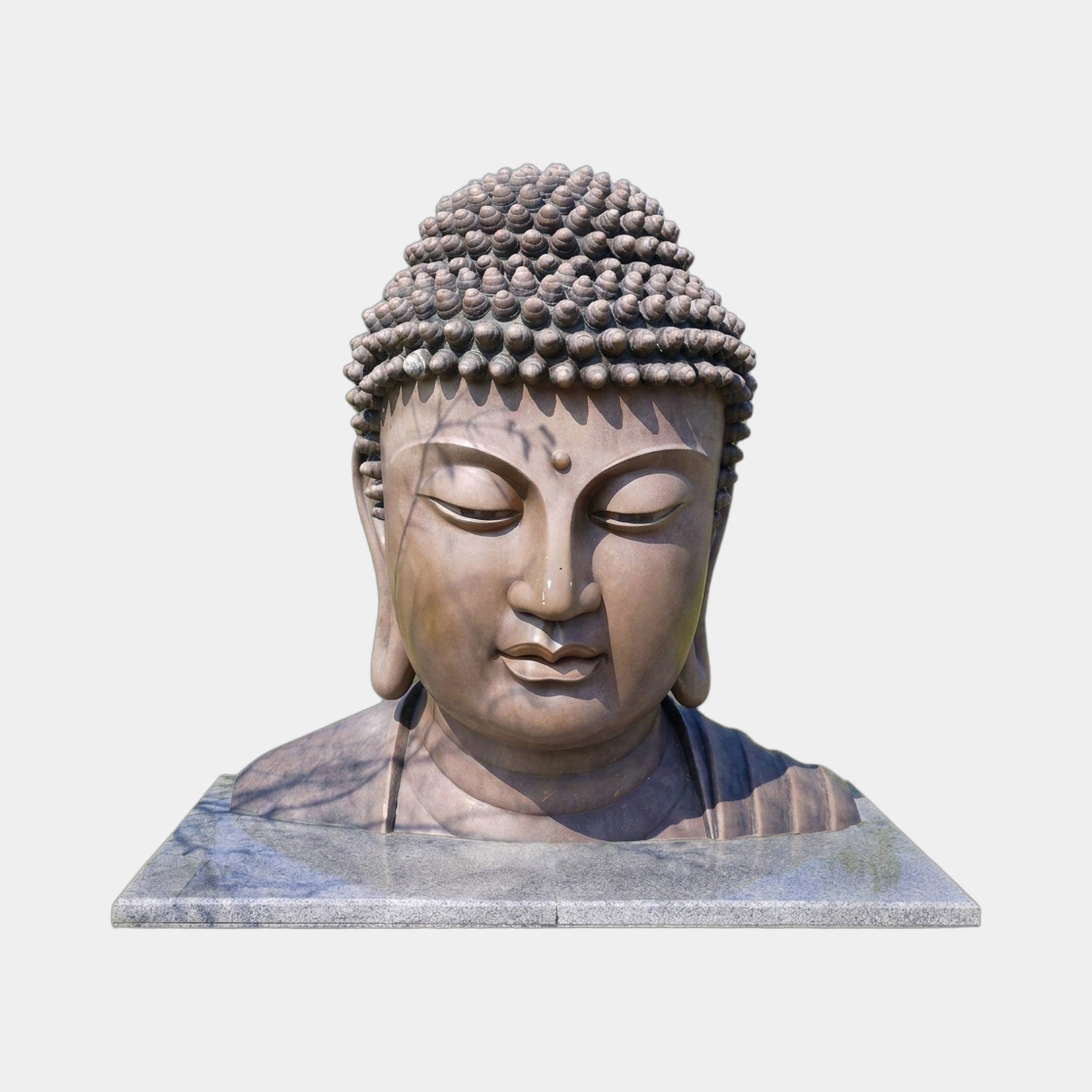 Large Traditional Buddha Head Bronze Bust 180cm by Giant Sculptures, front view with downcast eyes and spiral curls, on a pale stone plinth.