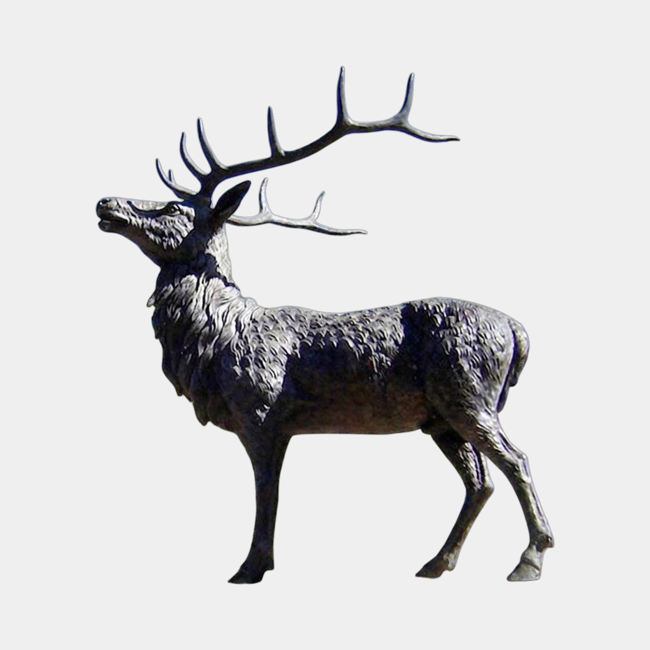 Large Traditional Bugling Bull Elk Bronze Sculpture by Giant Sculptures, shown in side profile with head raised mid-call and wide multi-point antlers, against a plain background.
