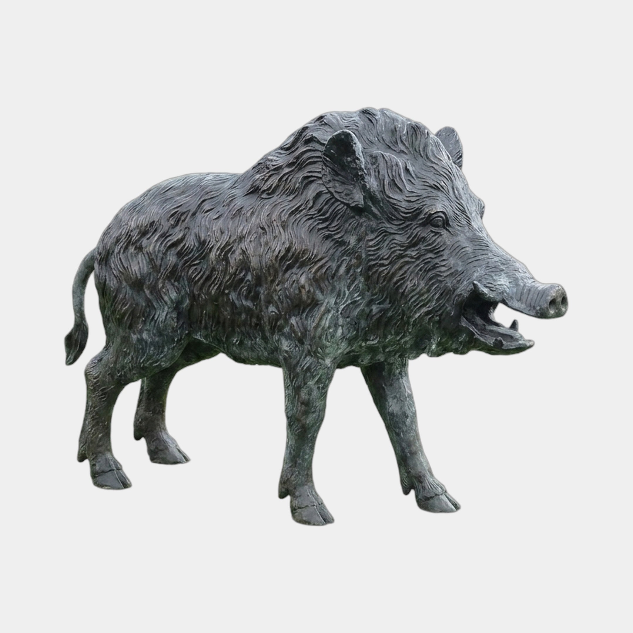 Giant Sculptures Large Traditional Charging Wild Boar Bronze Sculpture in dark patinated finish, shown standing in side profile with mouth open against a plain background.