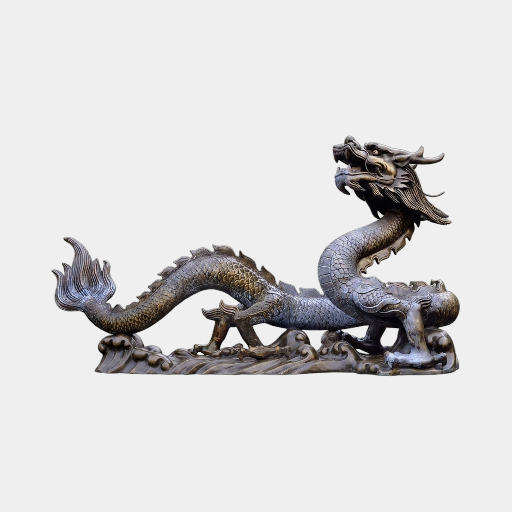 Large Traditional Chinese Dragon Bronze Fountain by Giant Sculptures, 150cm, coiling serpentine body with horned head raised above a wave-sculpted base.