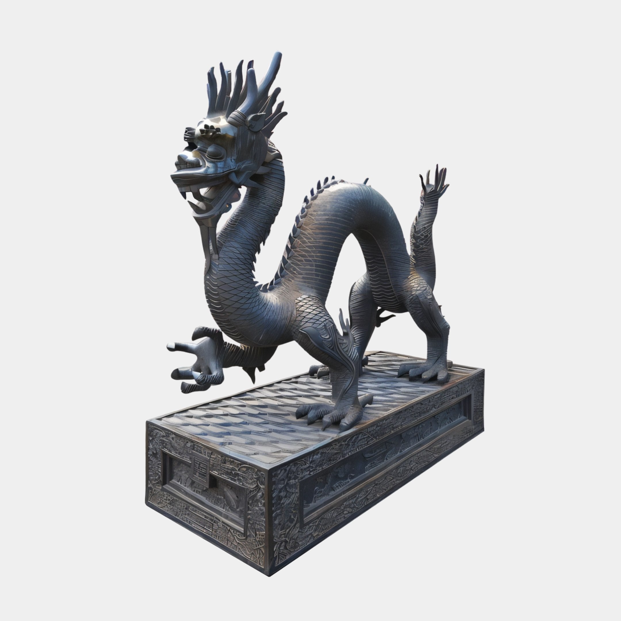 Large Traditional Chinese Dragon Bronze Sculpture by Giant Sculptures, 220cm, shown in an S-curve pose on a carved stone plinth against a light background.