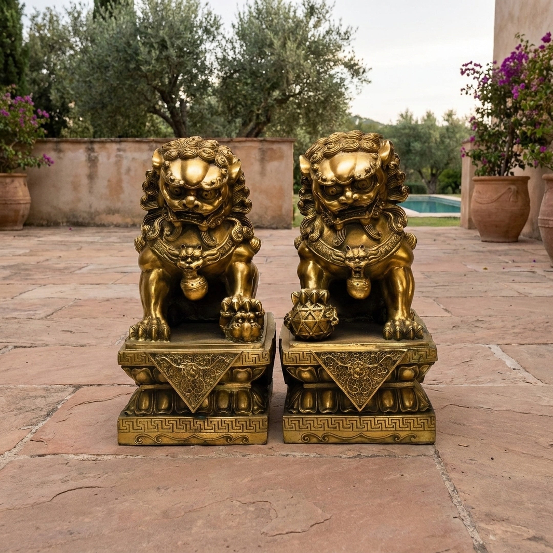 Large Traditional Chinese Guardian Lion Bronze Sculpture pair in polished gold, seated on tiered plinths on a stone terrace near a pool and olive trees.