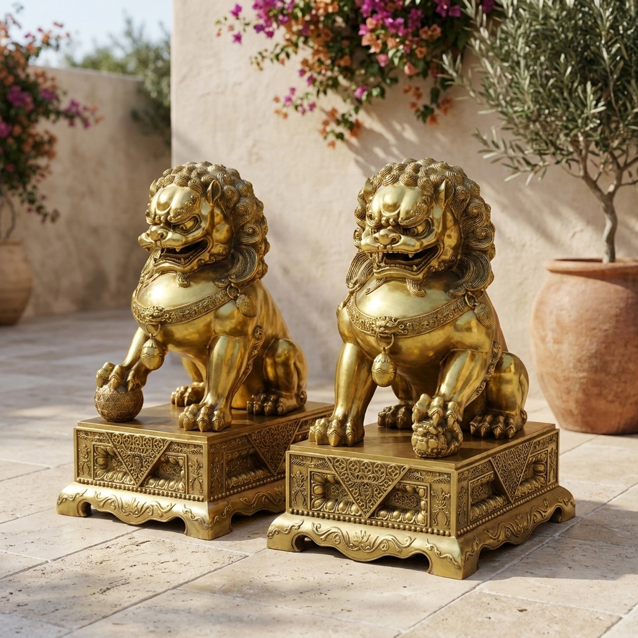 Pair of Giant Sculptures Large Traditional Chinese Guardian Lion Bronze Sculptures in golden finish on engraved plinths, displayed on a sunlit courtyard patio.