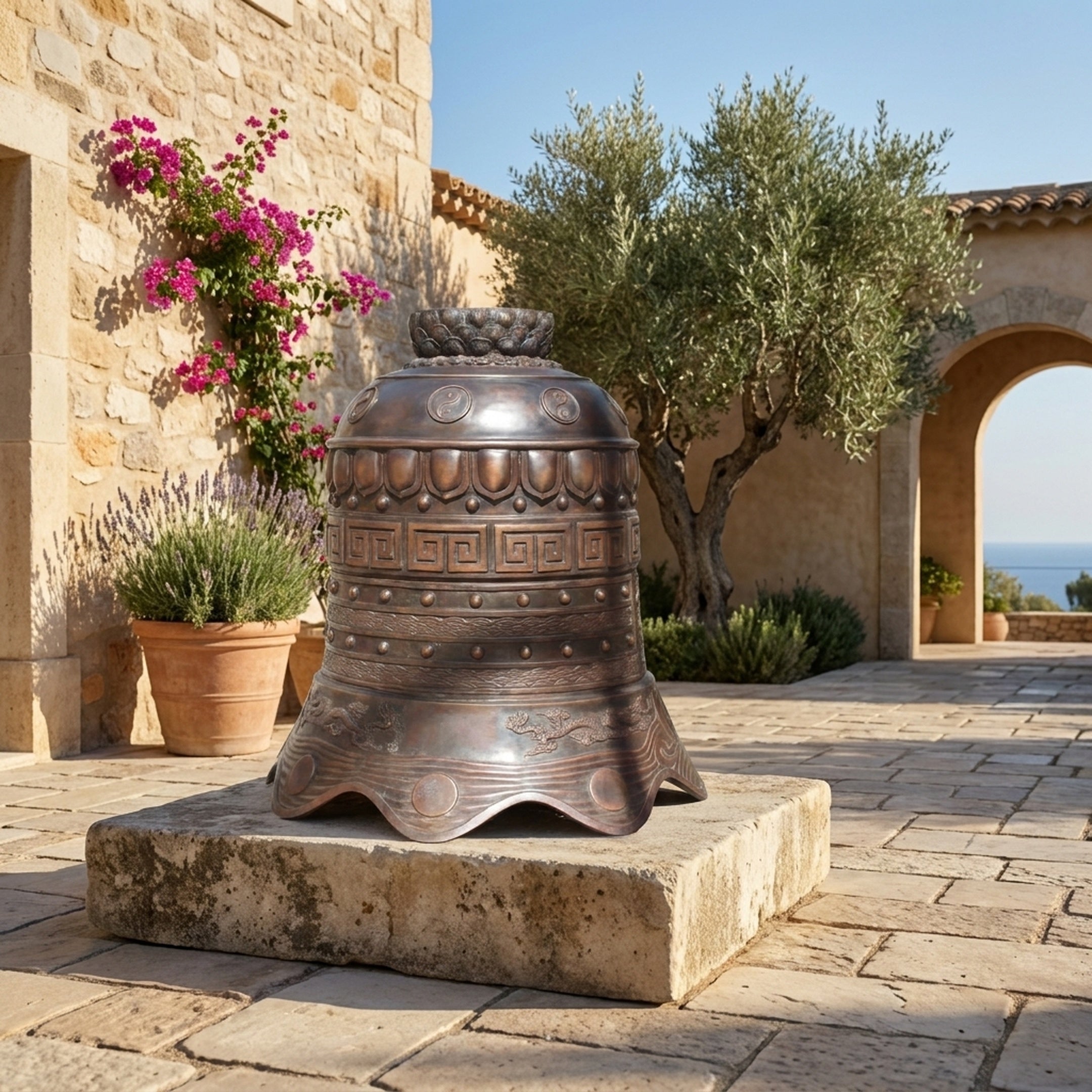 Large Traditional Chinese Temple Bell Bronze Sculpture by Giant Sculptures on a stone plinth in a Mediterranean courtyard with olive tree and bougainvillea.