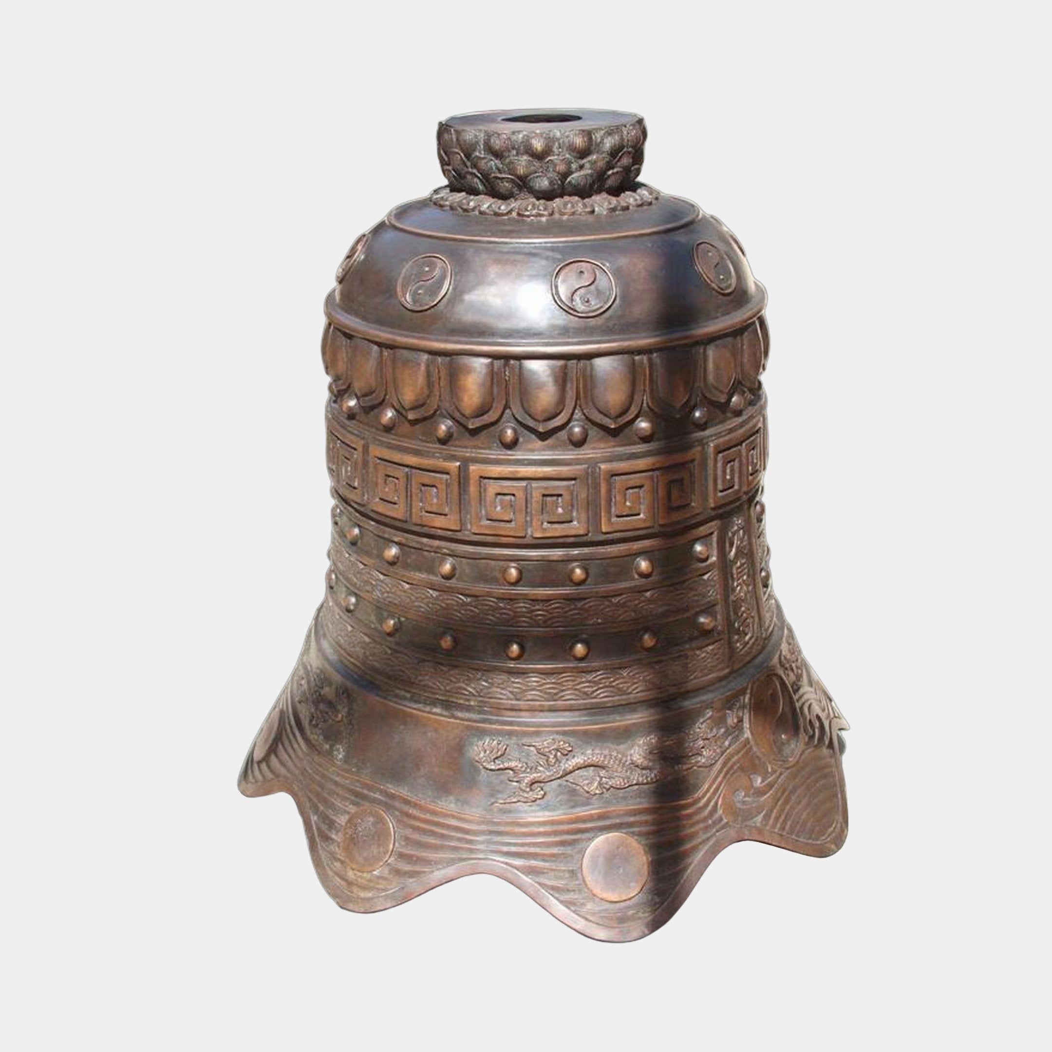 Large Traditional Chinese Temple Bell Bronze Sculpture by Giant Sculptures, showing yin-yang medallions, key-fret band, dragon relief, and lotus finial.