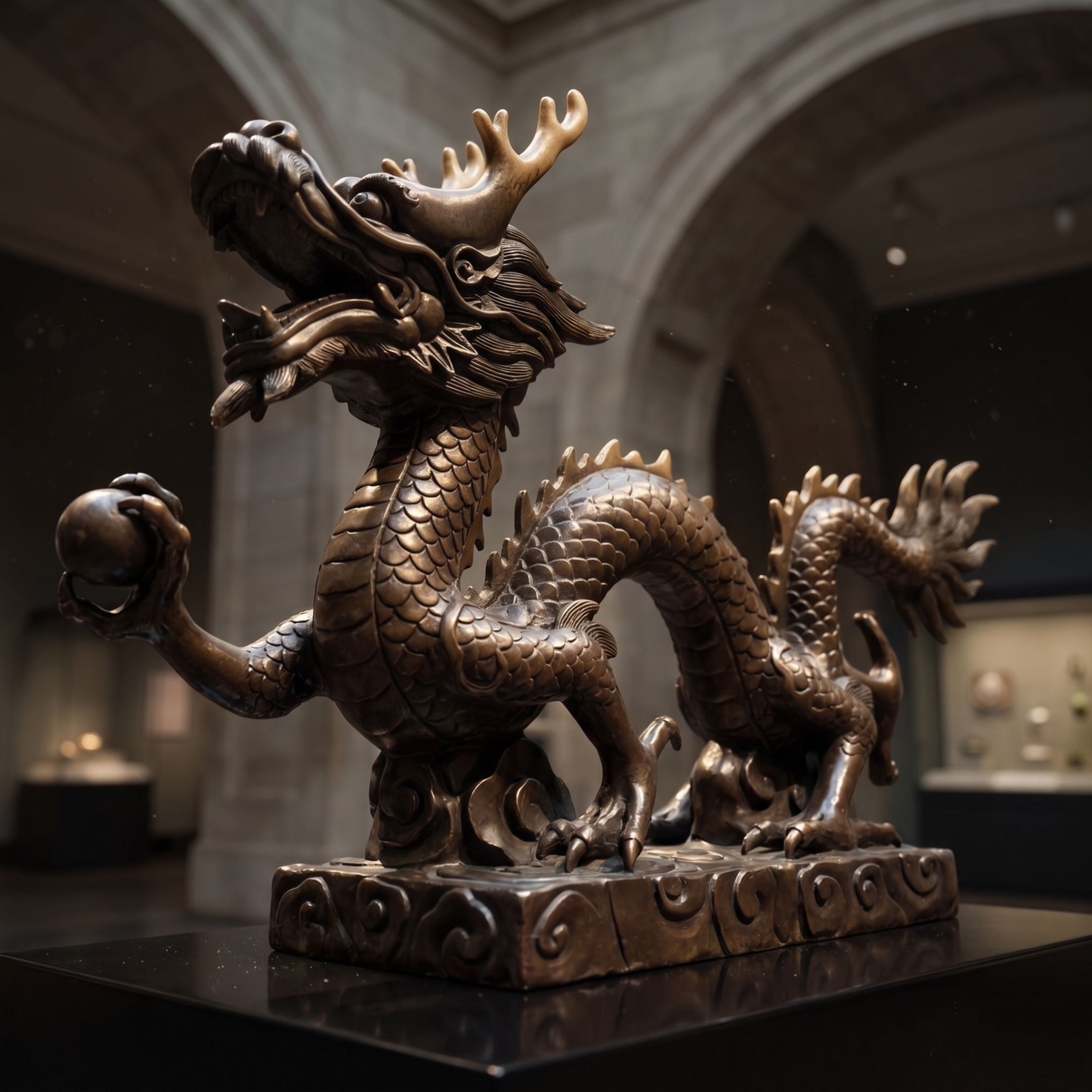 Large Traditional Coiling Chinese Dragon Bronze Sculpture by Giant Sculptures, shown in profile gripping a sphere on a cloud-scroll base in a museum hall.