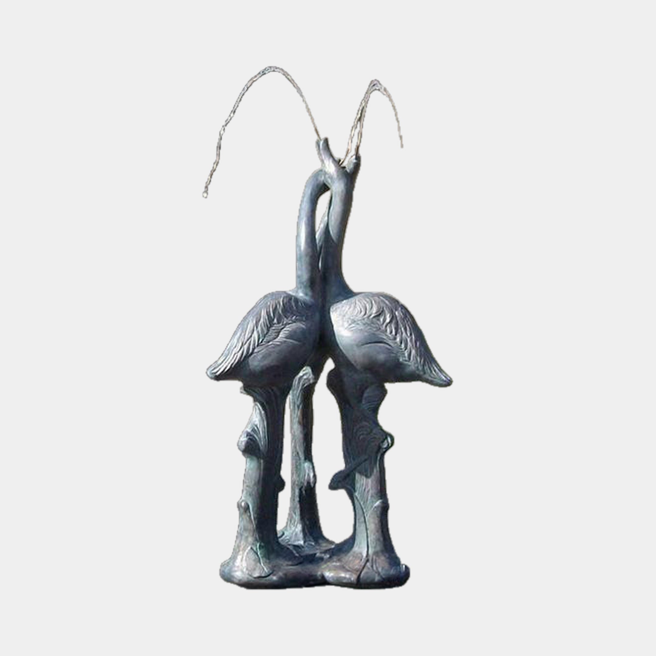 Large Traditional Crane Pair Bronze Fountain by Giant Sculptures, 190cm, two back-to-back cranes with arched necks and verdigris patina, on a plain background.