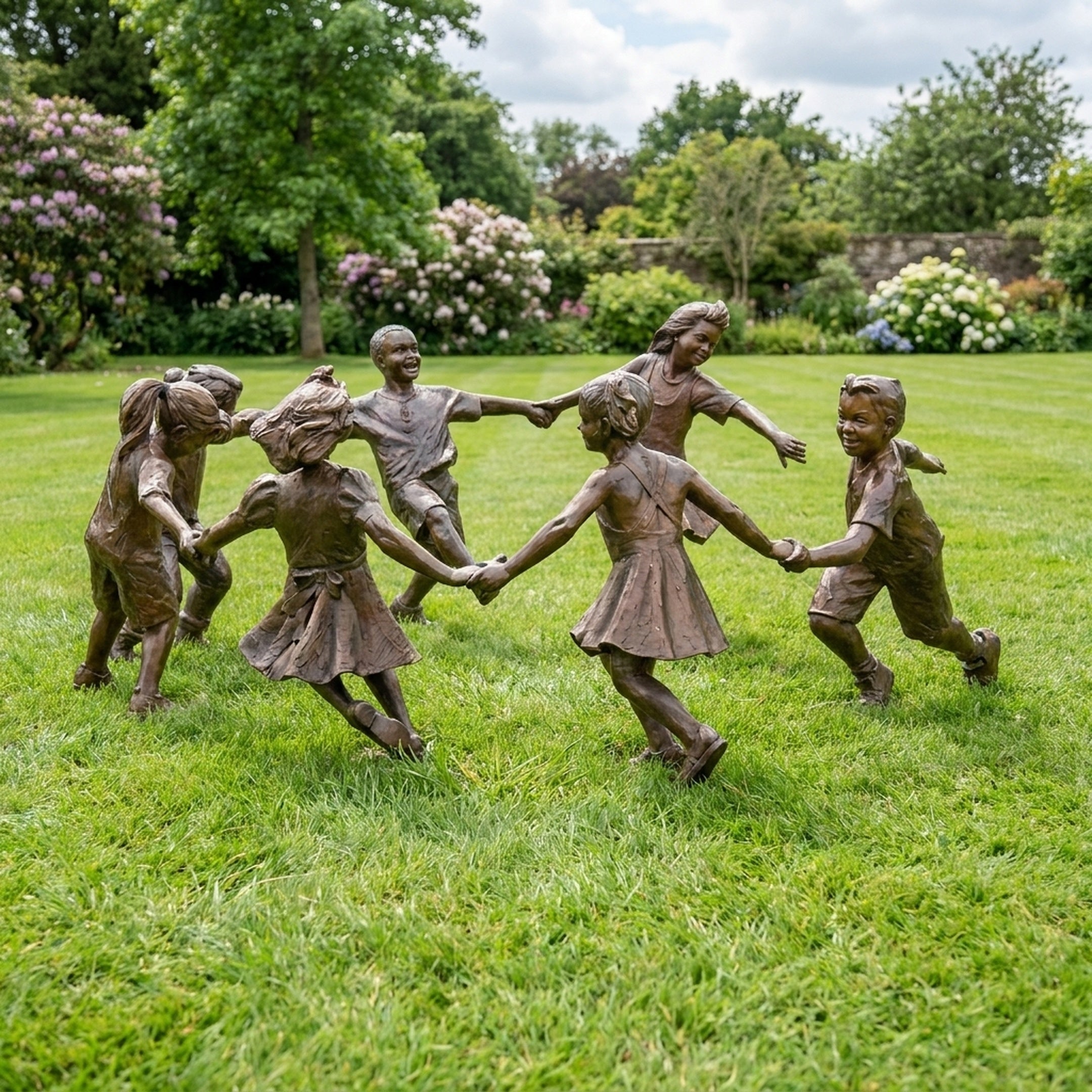 Large Traditional Dancing Children Bronze Sculpture by Giant Sculptures, six children holding hands in a circle on a garden lawn with flowering shrubs behind.