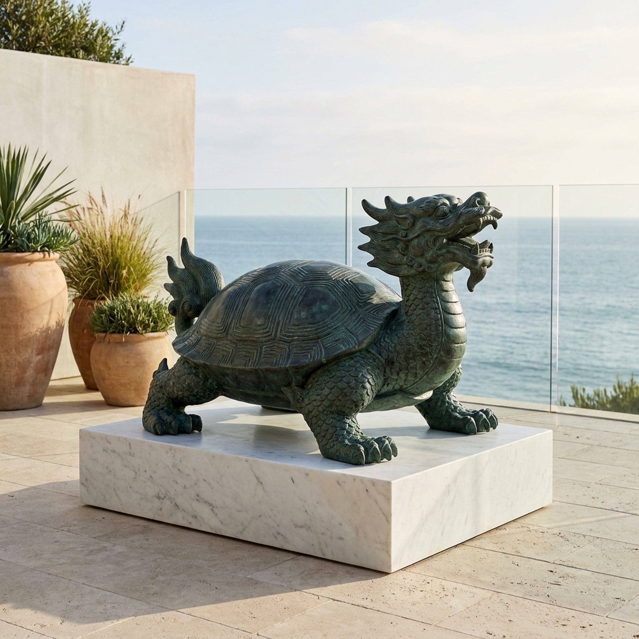 Large Traditional Dragon-Headed Turtle Bronze Sculpture by Giant Sculptures with green verdigris patina on a marble plinth at a seaside terrace.