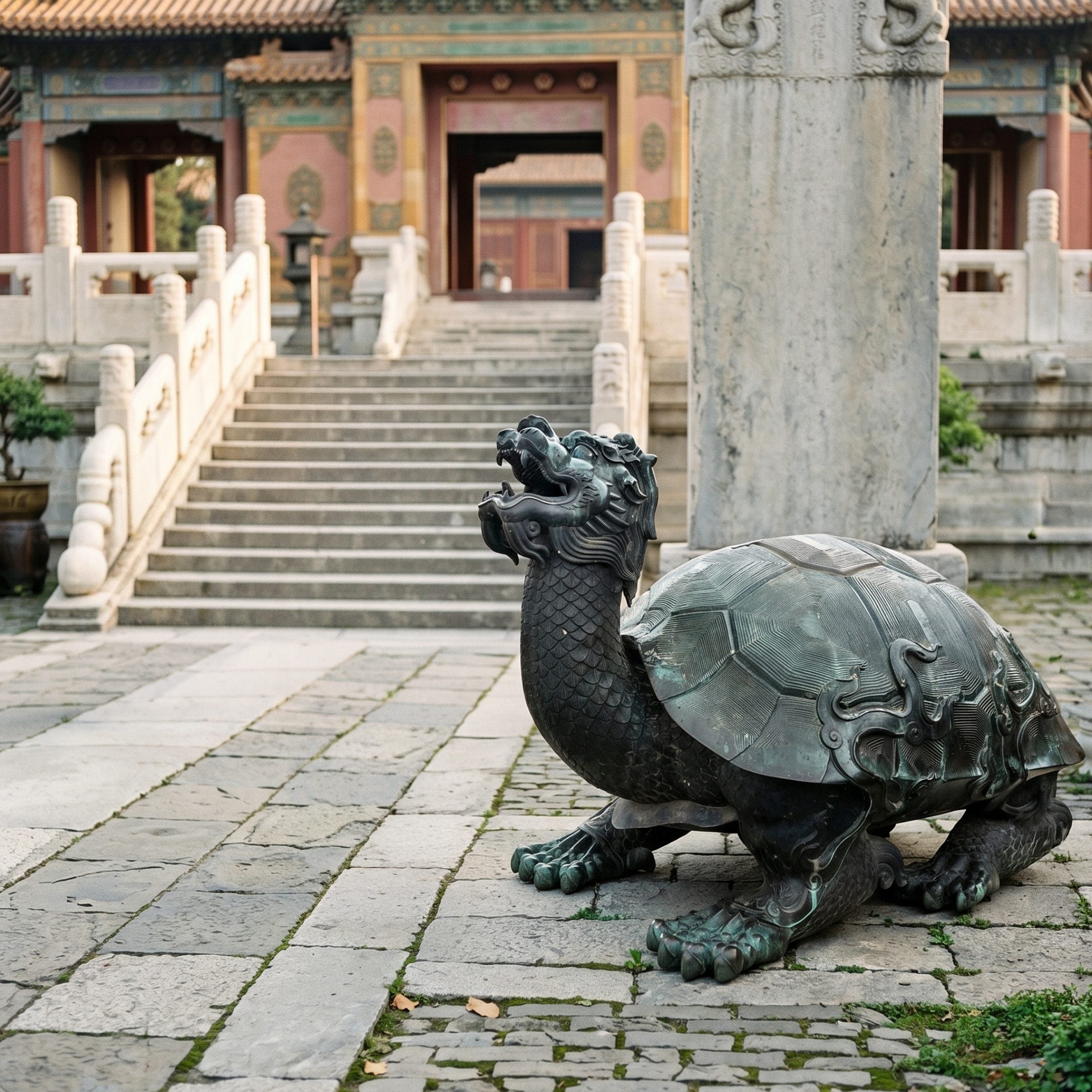Large Traditional Dragon-Headed Turtle Bronze Sculpture by Giant Sculptures, shown in profile with green verdigris patina, set on stone paving before temple steps.