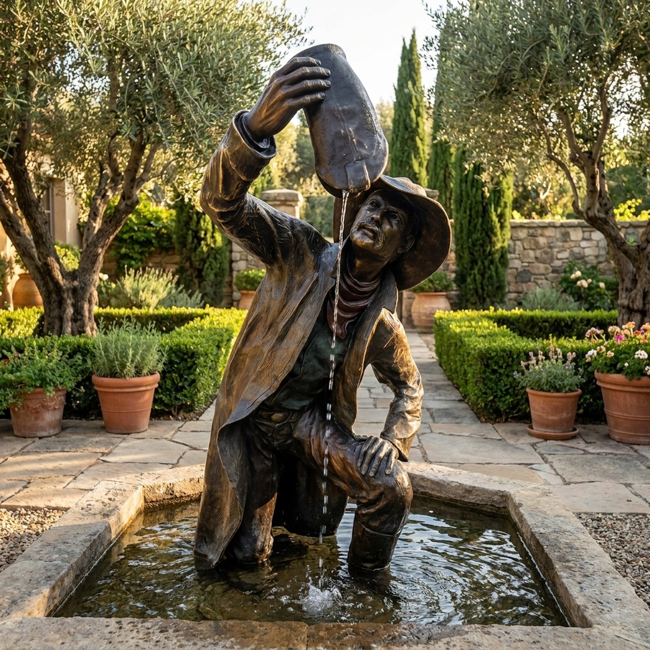 Large Traditional Drinking Cowboy Bronze Sculpture by Giant Sculptures, 190cm fountain figure pouring water from hat brim into a stone pool in a garden.