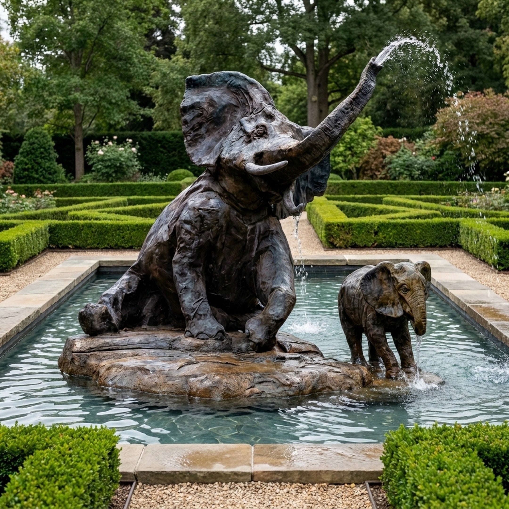 Large Traditional Elephant and Calf Bronze Fountain by Giant Sculptures, seated bull spraying water from raised trunk beside a calf, in a hedged garden pool.