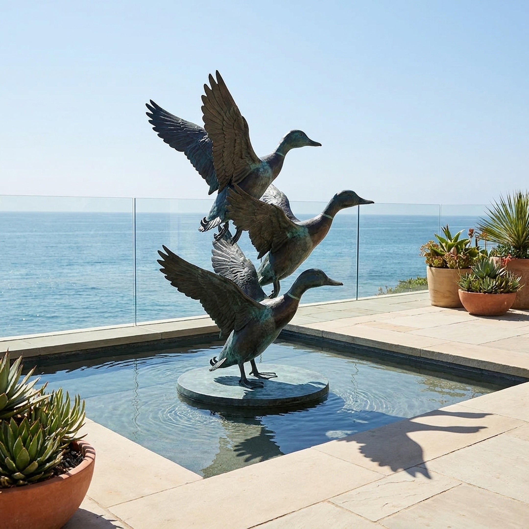 Large Traditional Flying Mallard Ducks Bronze Sculpture by Giant Sculptures, 180cm, on a circular base in an oceanfront pool with succulents nearby.