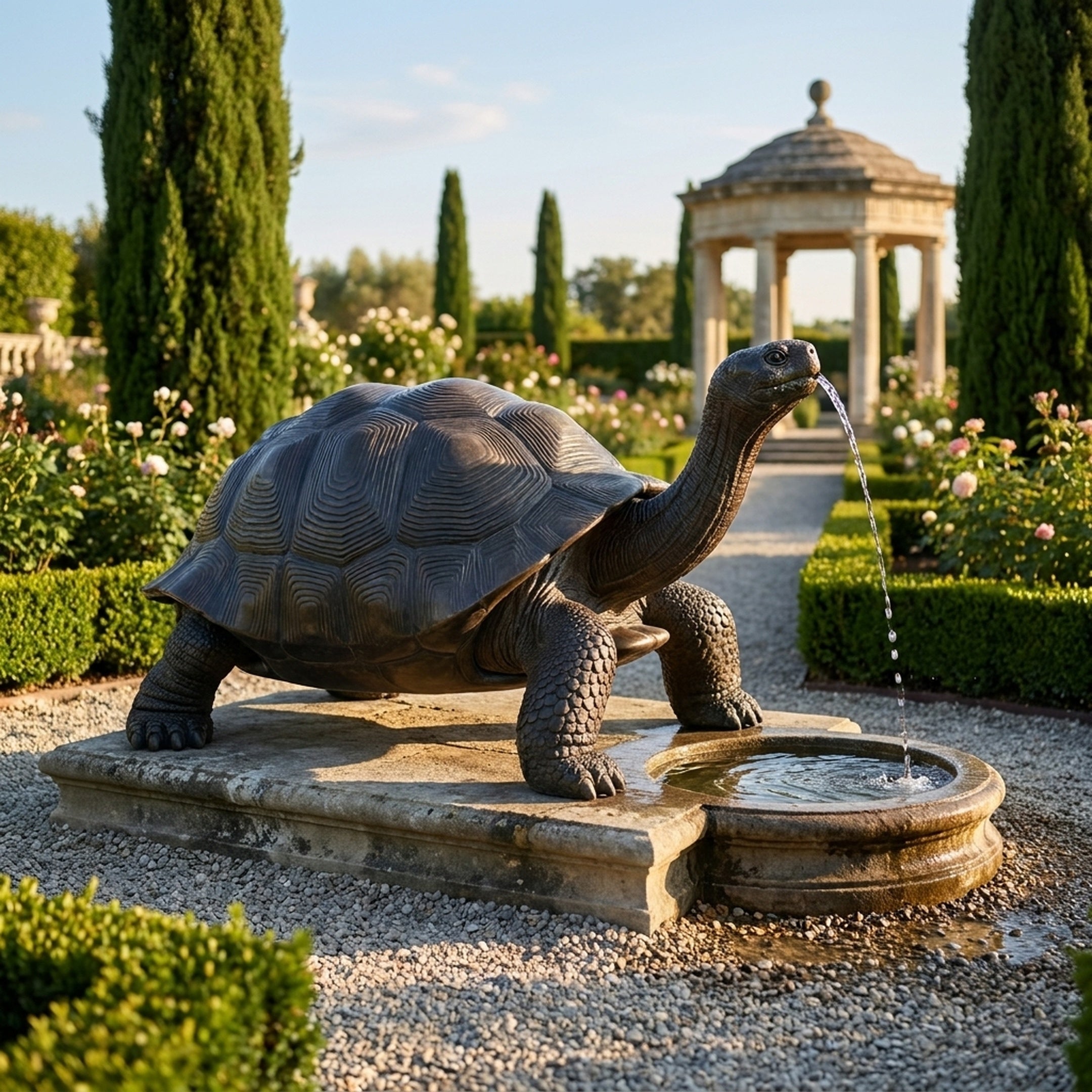 Large Traditional Galapagos Tortoise Bronze Fountain by Giant Sculptures shown in profile spouting water into a stone basin on a gravel garden path lined with roses and cypress trees.