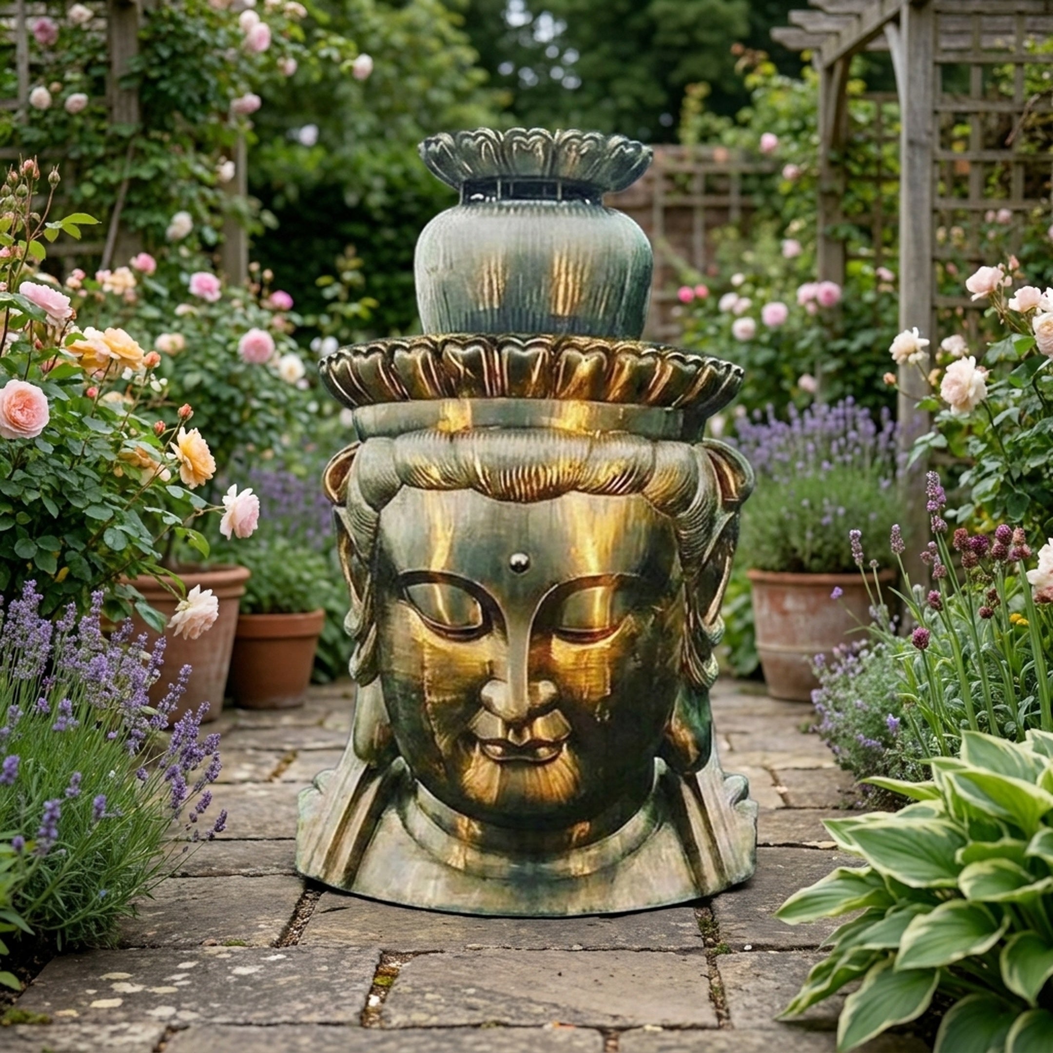 Large Traditional Gilded Buddha Head Bronze Sculpture by Giant Sculptures on a stone path, surrounded by roses, lavender, and hostas in a walled garden.