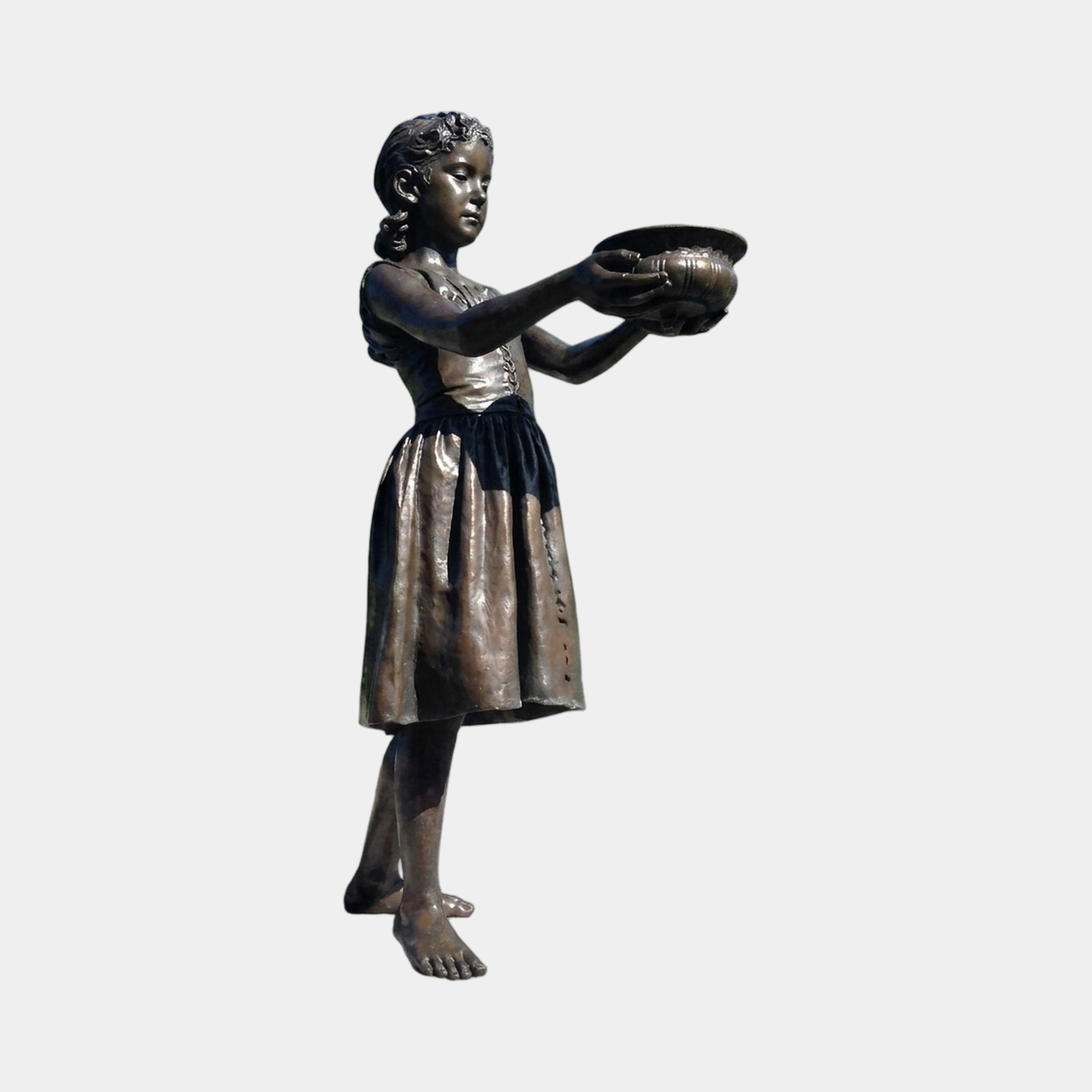 Large Traditional Girl Holding Bird Bath Bronze Fountain by Giant Sculptures, 190cm barefoot girl in dress offering a shallow bowl, warm patina, plain background.