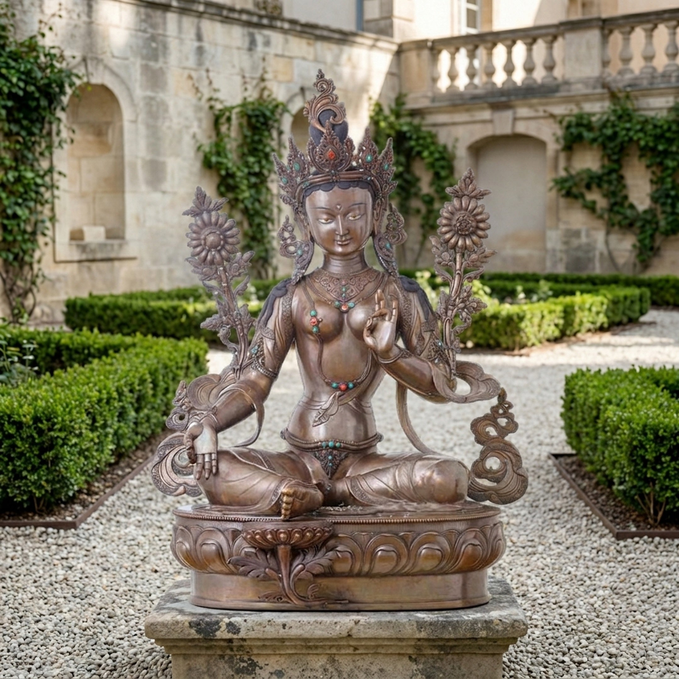 Large Traditional Green Tara Goddess Bronze Sculpture by Giant Sculptures, 180cm, seated on a lotus throne with lotus stems, displayed in a garden courtyard.