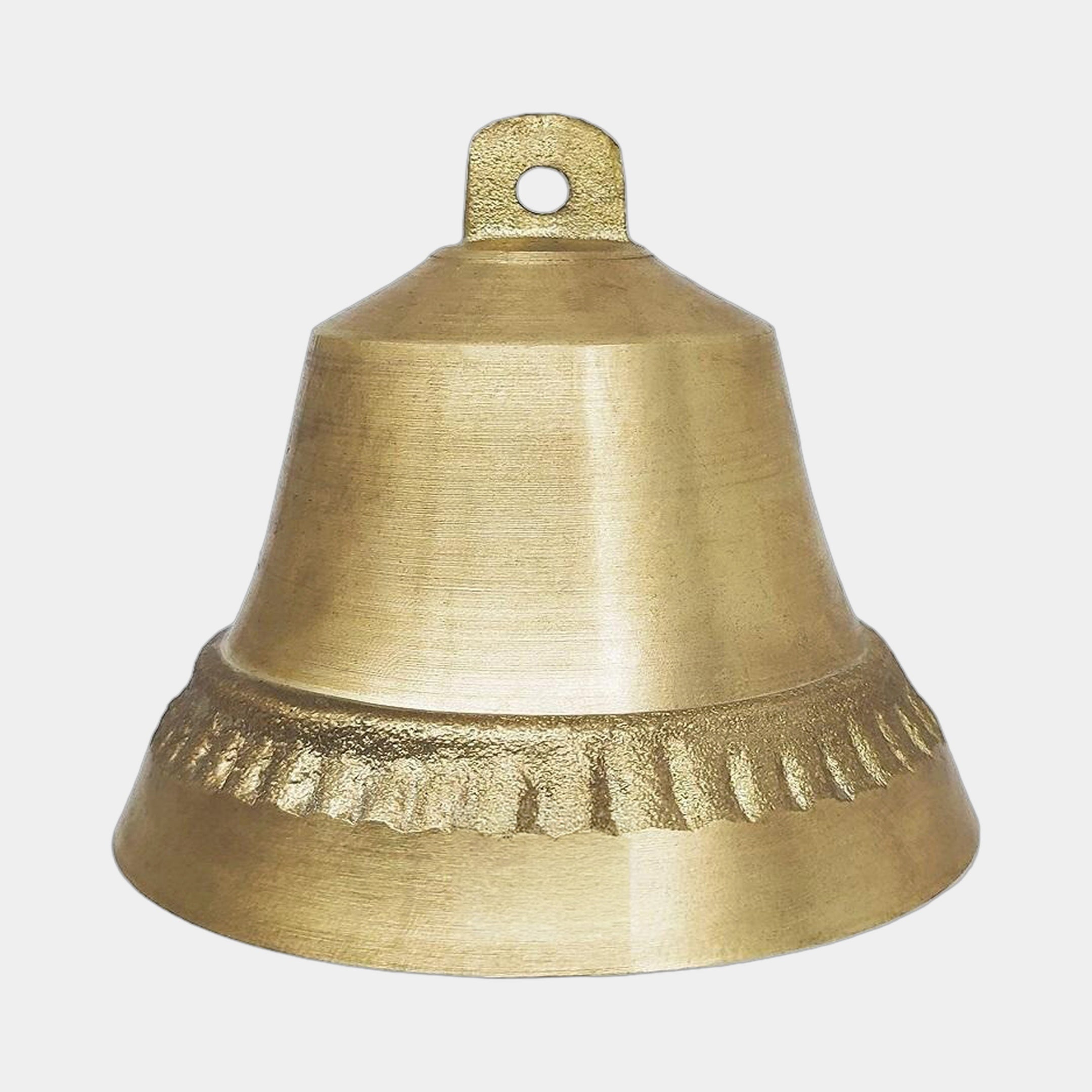 Large Traditional Hanging Bell Bronze Sculpture by Giant Sculptures in warm golden patina, showing the flared skirt with serrated band and crown suspension loop.