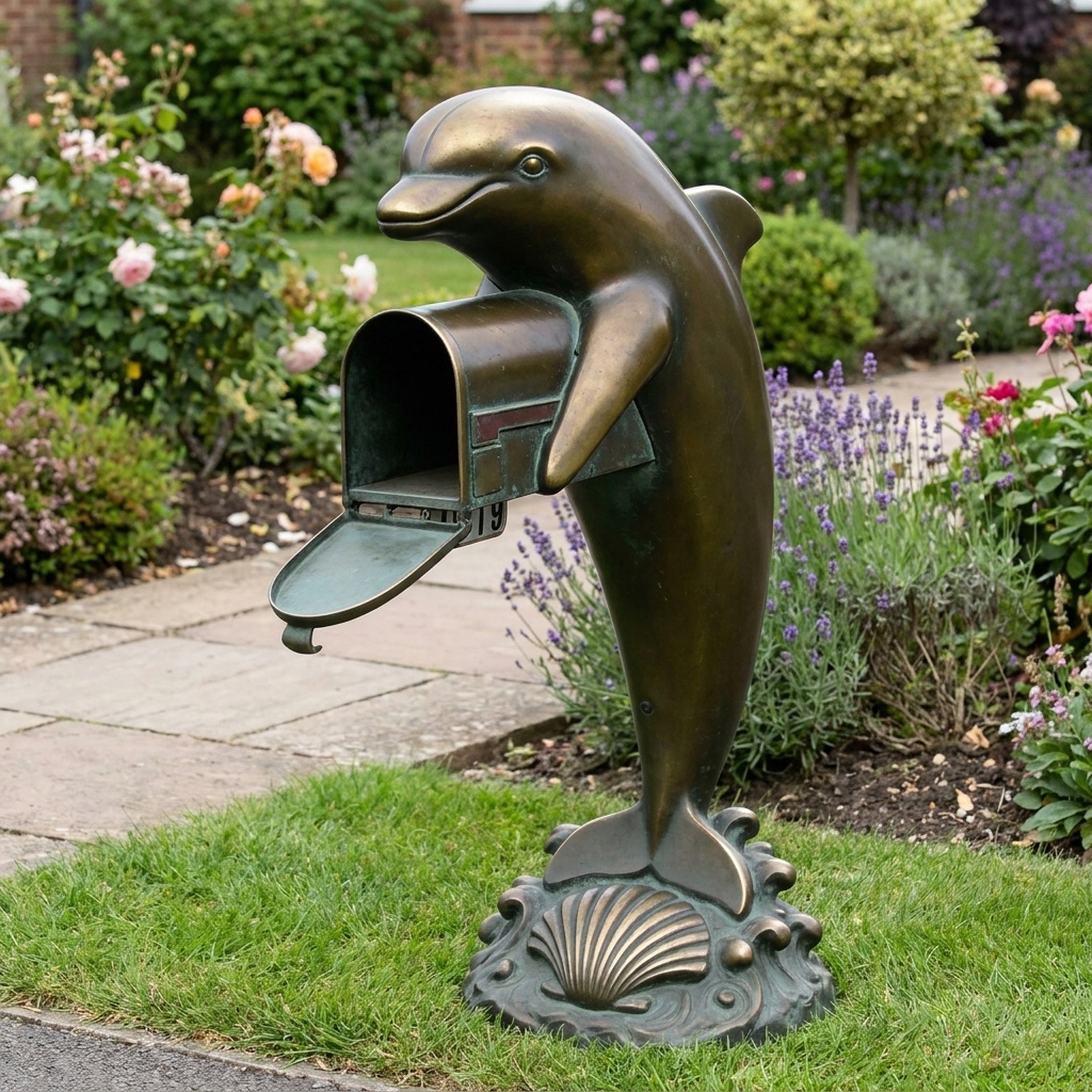 Large Traditional Leaping Dolphin Mailbox Bronze Sculpture by Giant Sculptures on a garden path, mailbox door open, beside lavender and roses.