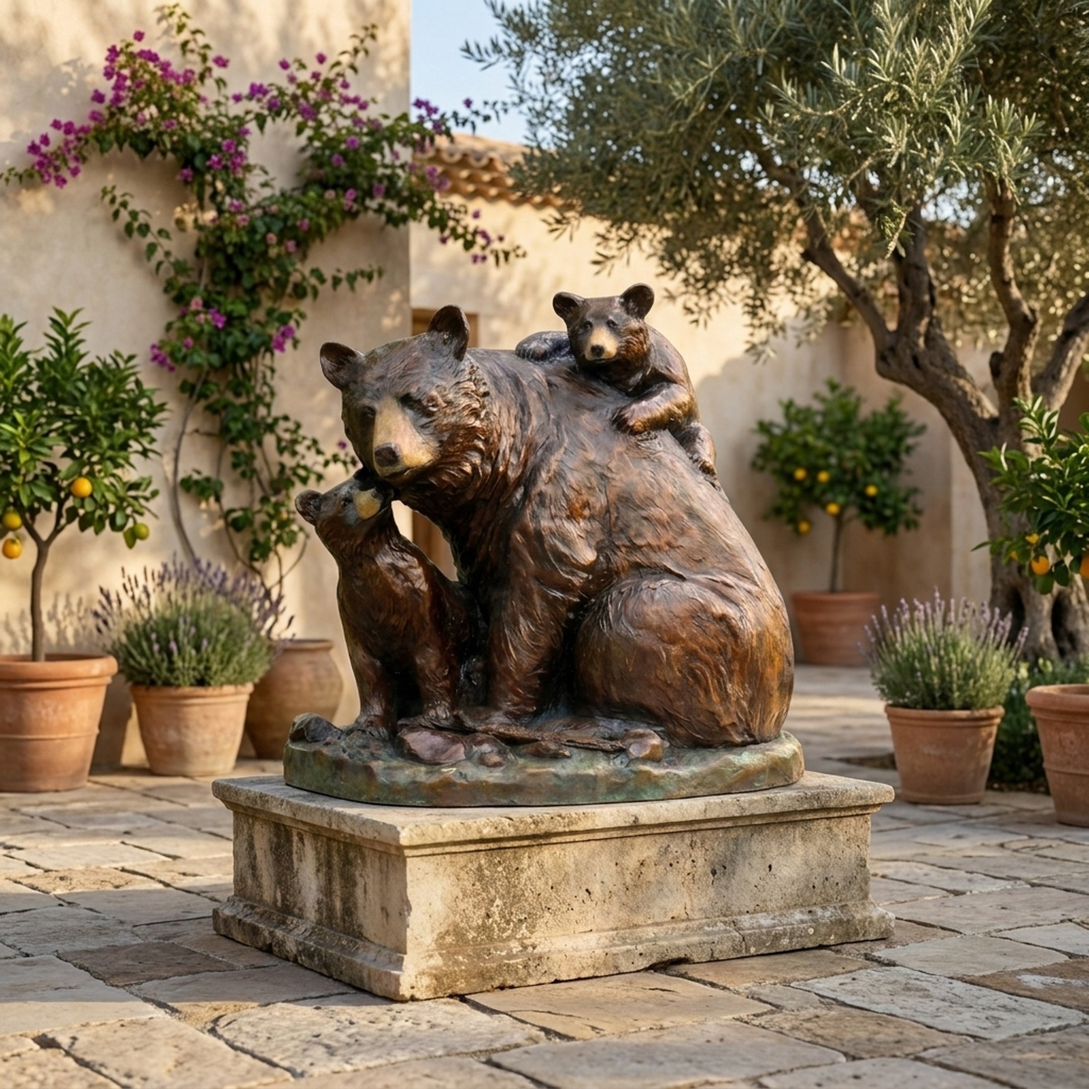 Large Traditional Mother Bear and Cubs Bronze Sculpture by Giant Sculptures on a stone plinth in a Mediterranean courtyard with olive trees and lavender.