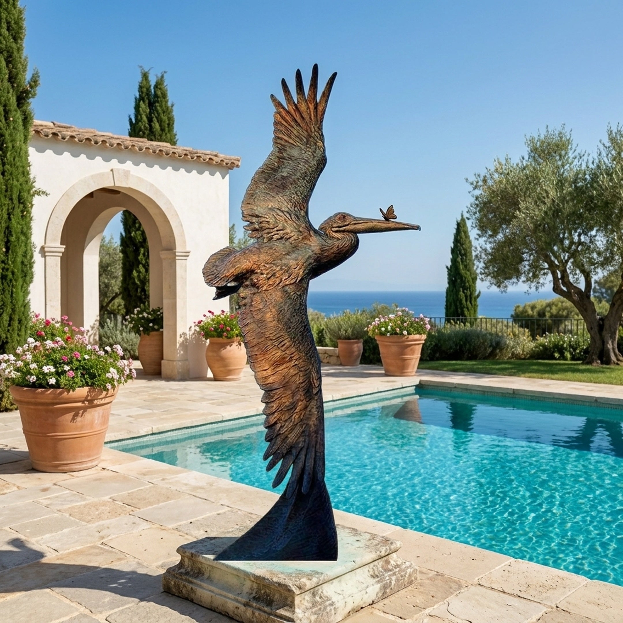 Large Traditional Pelican in Flight Bronze Sculpture by Giant Sculptures, wings raised mid-ascent, displayed on a stone base beside a poolside terrace with sea views.