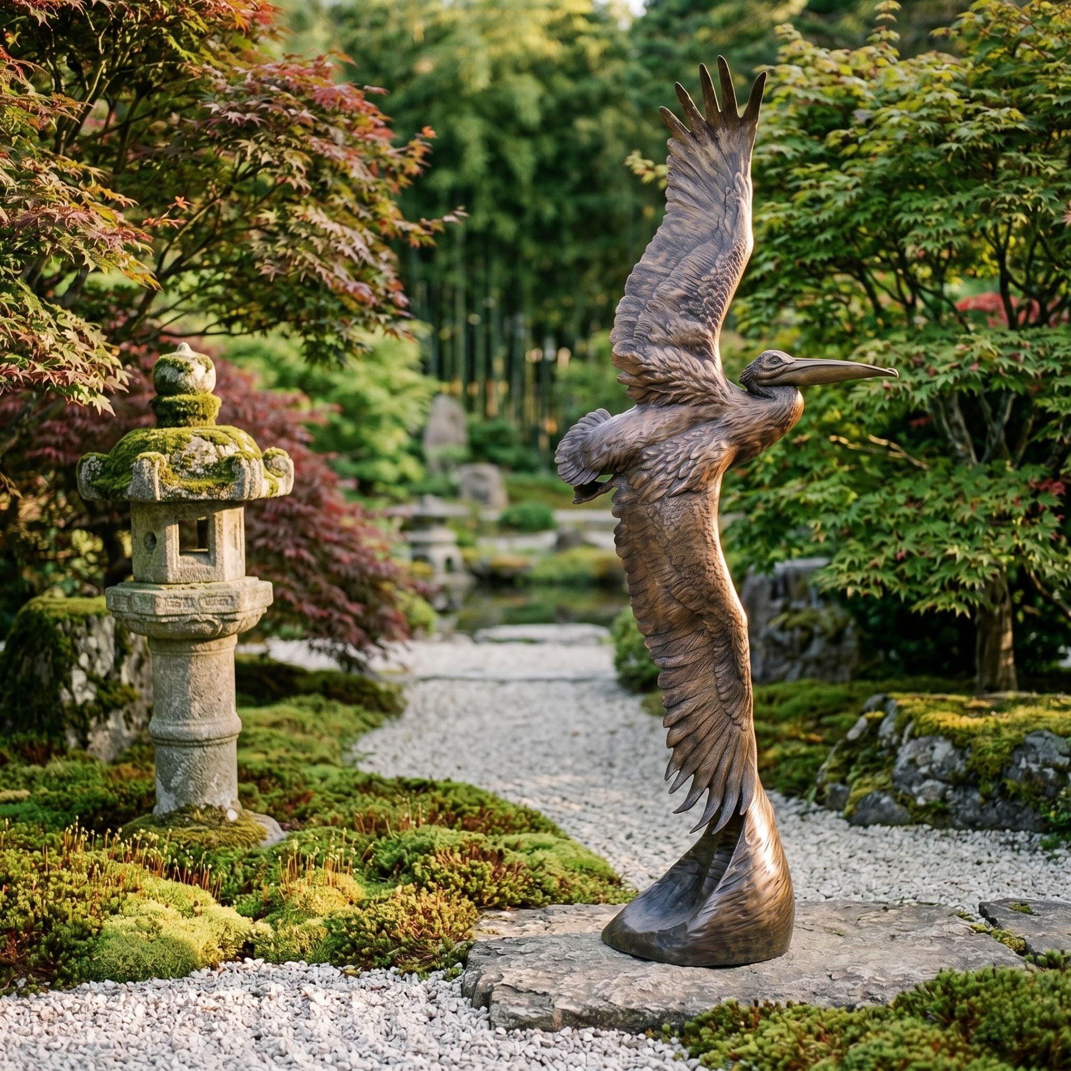 Giant Sculptures Large Traditional Pelican in Flight Bronze Sculpture with wings raised on a rock base, set on a gravel path in a Japanese garden.