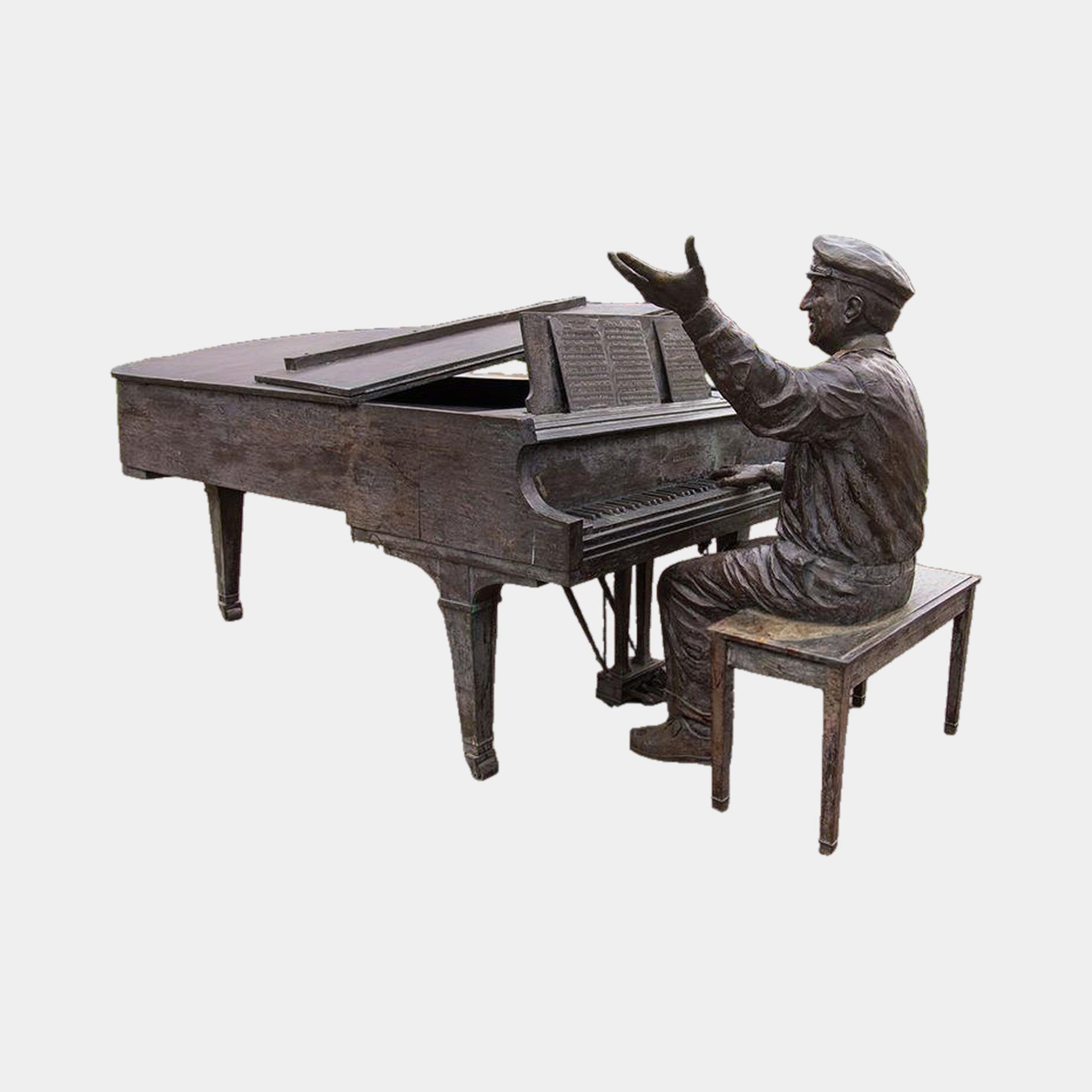 Large Traditional Pianist Bronze Sculpture by Giant Sculptures, 180cm seated figure in flat cap at a grand piano with one hand raised, dark patina, plain background.
