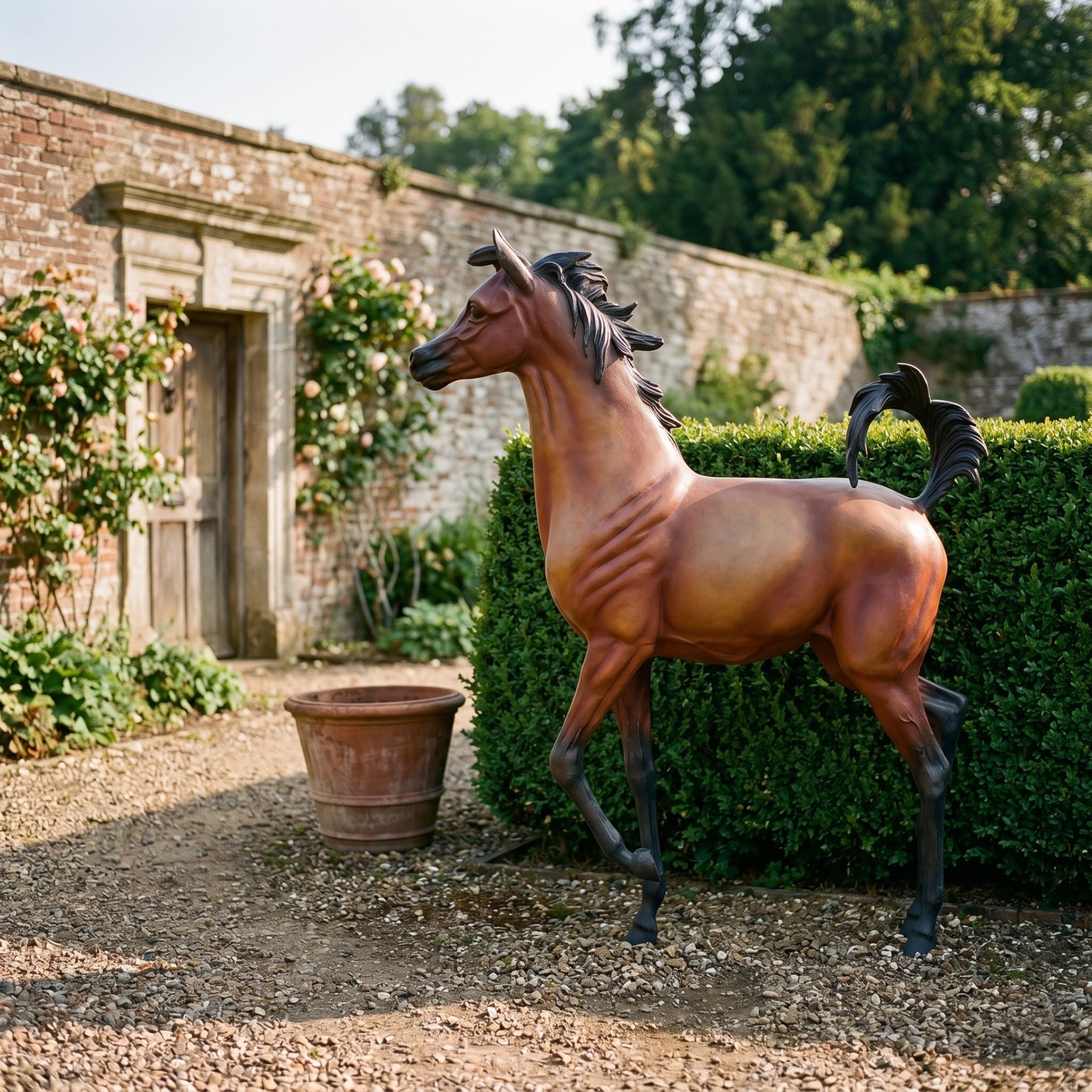 Large Traditional Prancing Arabian Horse Bronze Sculpture by Giant Sculptures with chestnut and black patina, displayed in a walled garden beside a hedge.