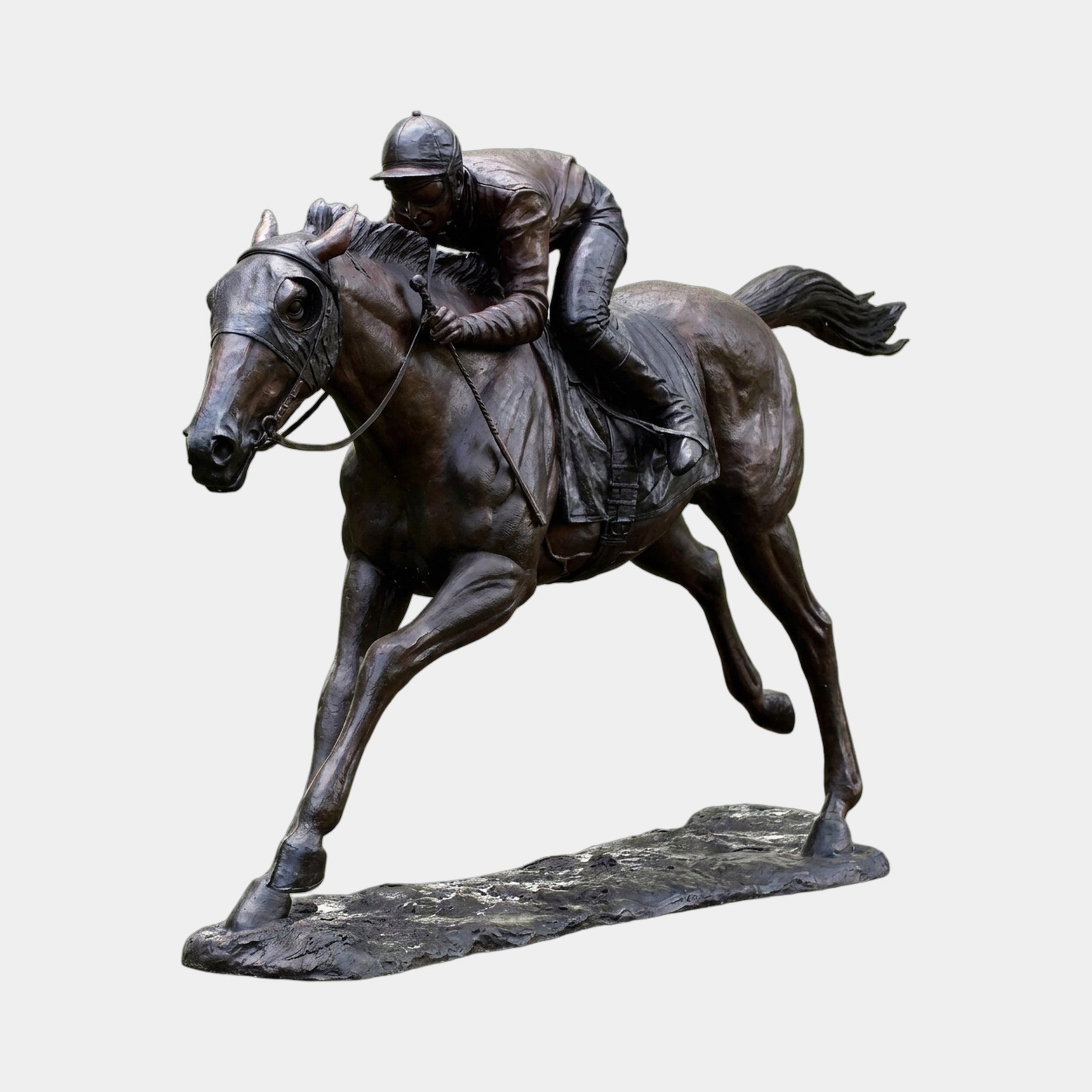 Large Traditional Racehorse and Jockey Bronze Sculpture by Giant Sculptures, shown mid-gallop with the jockey crouched low, dark brown patina, plain background.