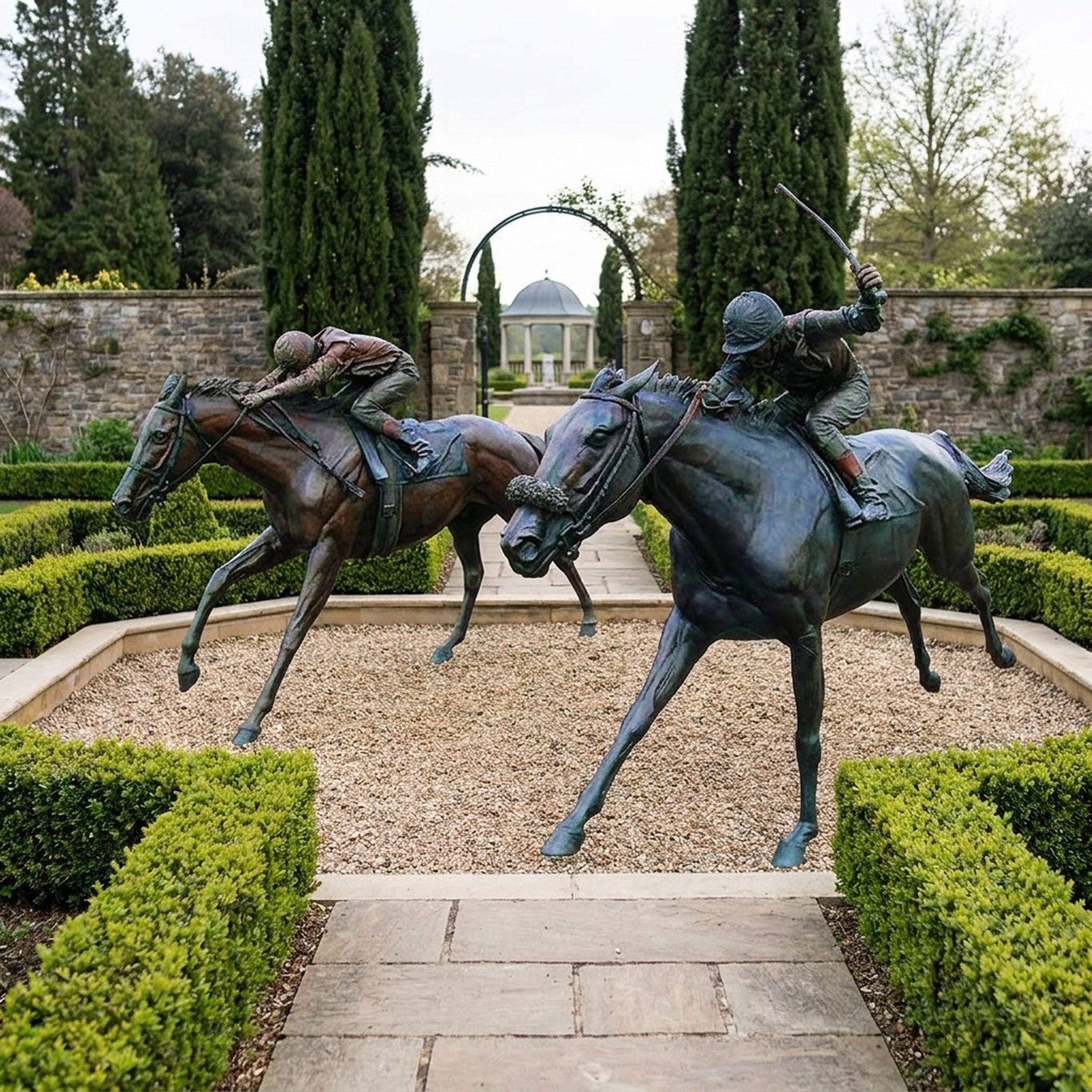 Large Traditional Racing Horses and Jockeys Bronze Sculpture by Giant Sculptures, two galloping thoroughbreds with crouched jockeys, displayed in a hedged garden.
