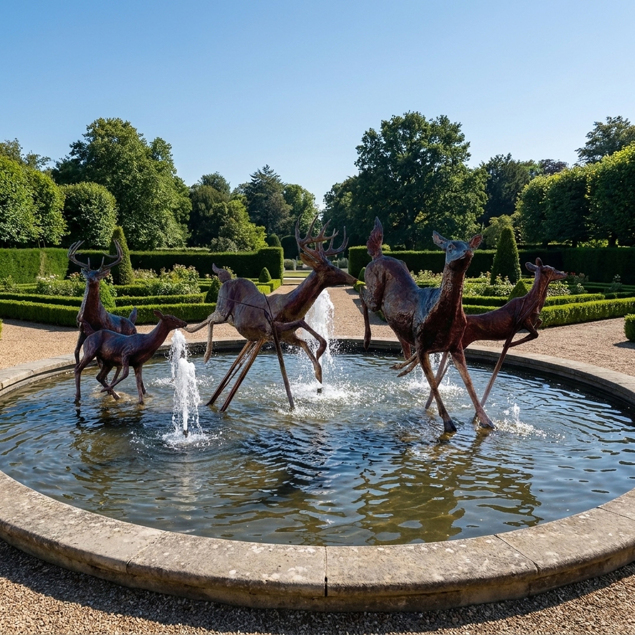 Large Traditional Running Deer Herd Bronze Fountain by Giant Sculptures with antique patina stags and does mid-leap in a stone pool with water jets.