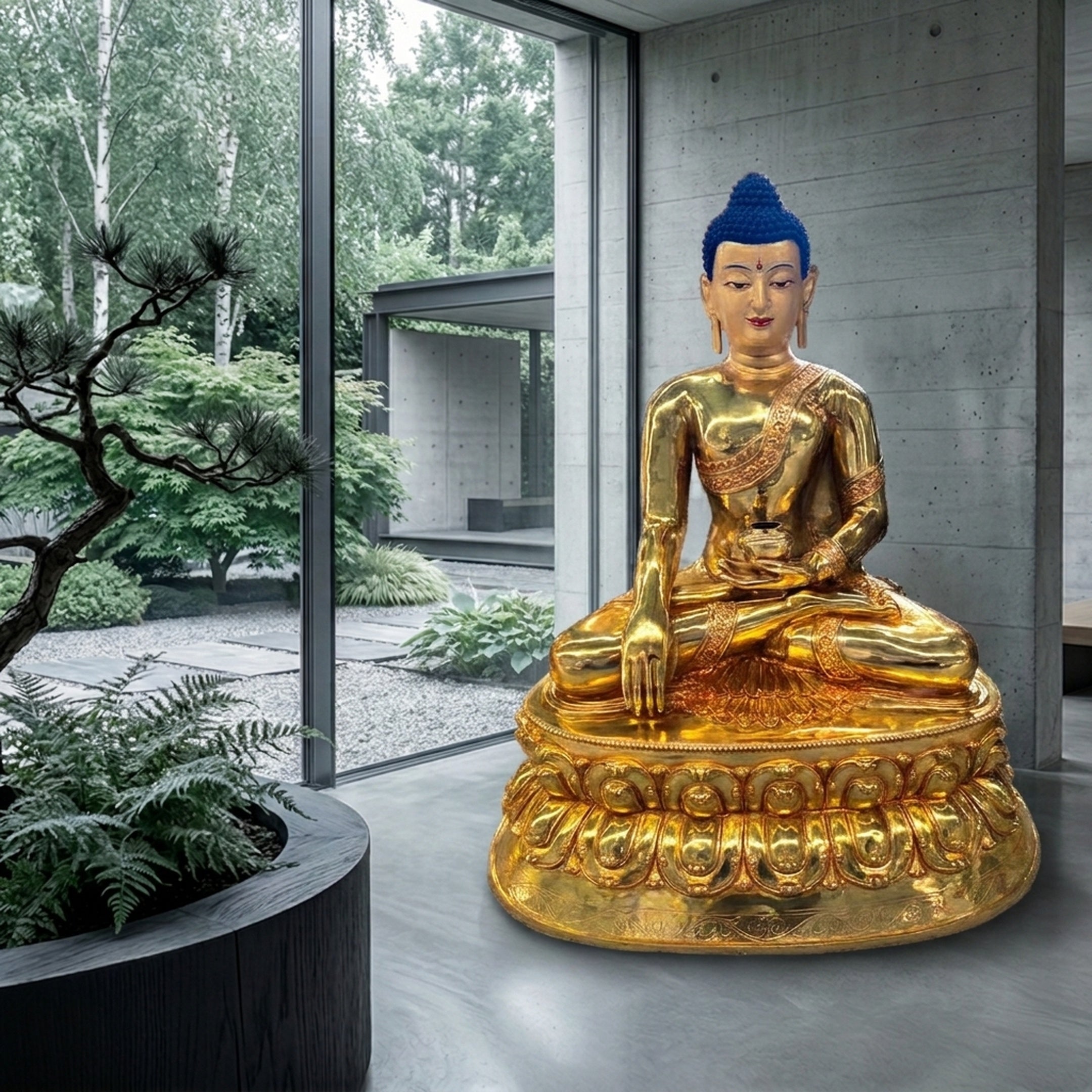 Large Traditional Seated Buddha Bronze Sculpture by Giant Sculptures in gold finish with blue ushnisha, on a double-lotus throne in a concrete room beside a garden.