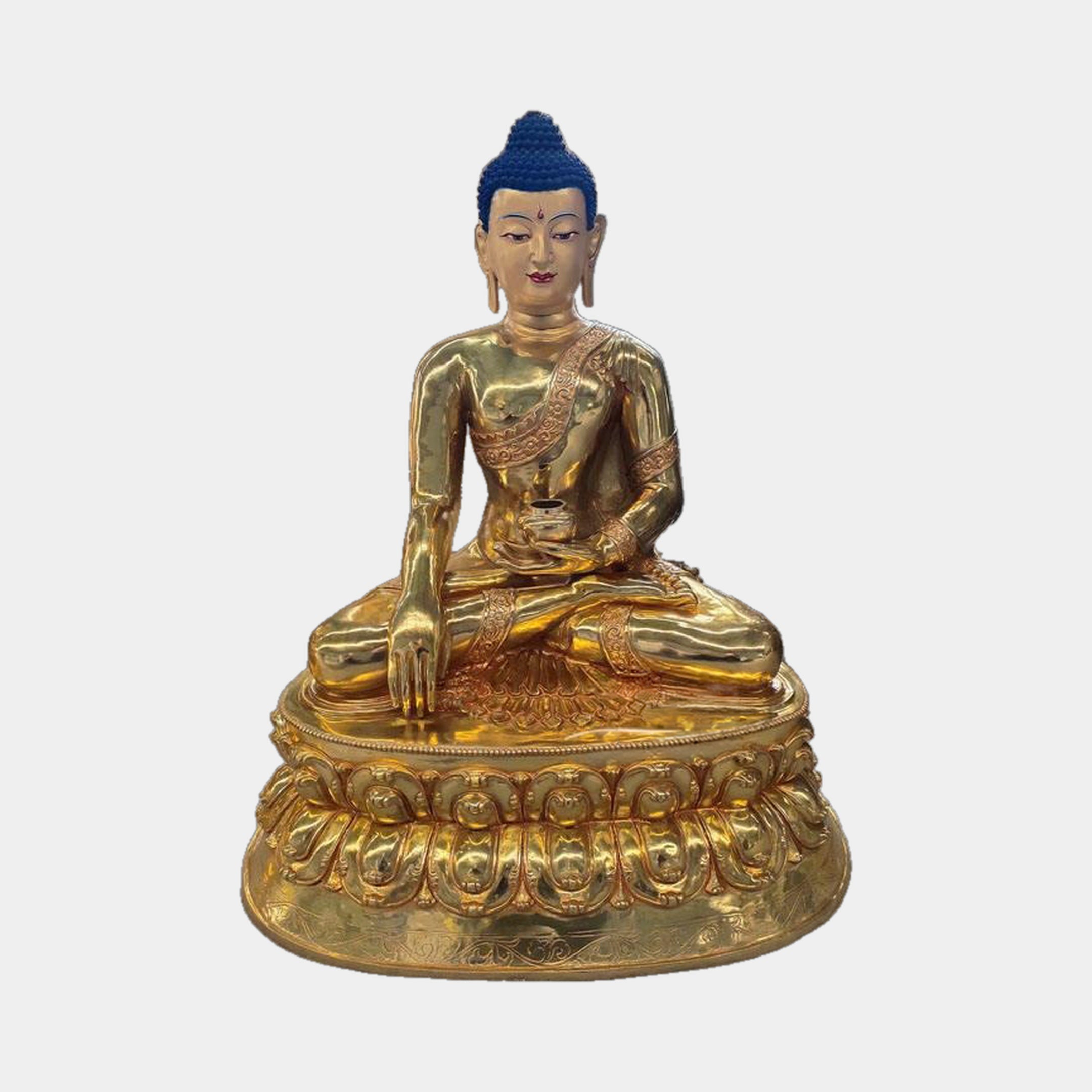 Giant Sculptures Large Traditional Seated Buddha Bronze Sculpture 180cm in gold finish, seated in vajrasana on a double-lotus throne with blue-painted ushnisha.