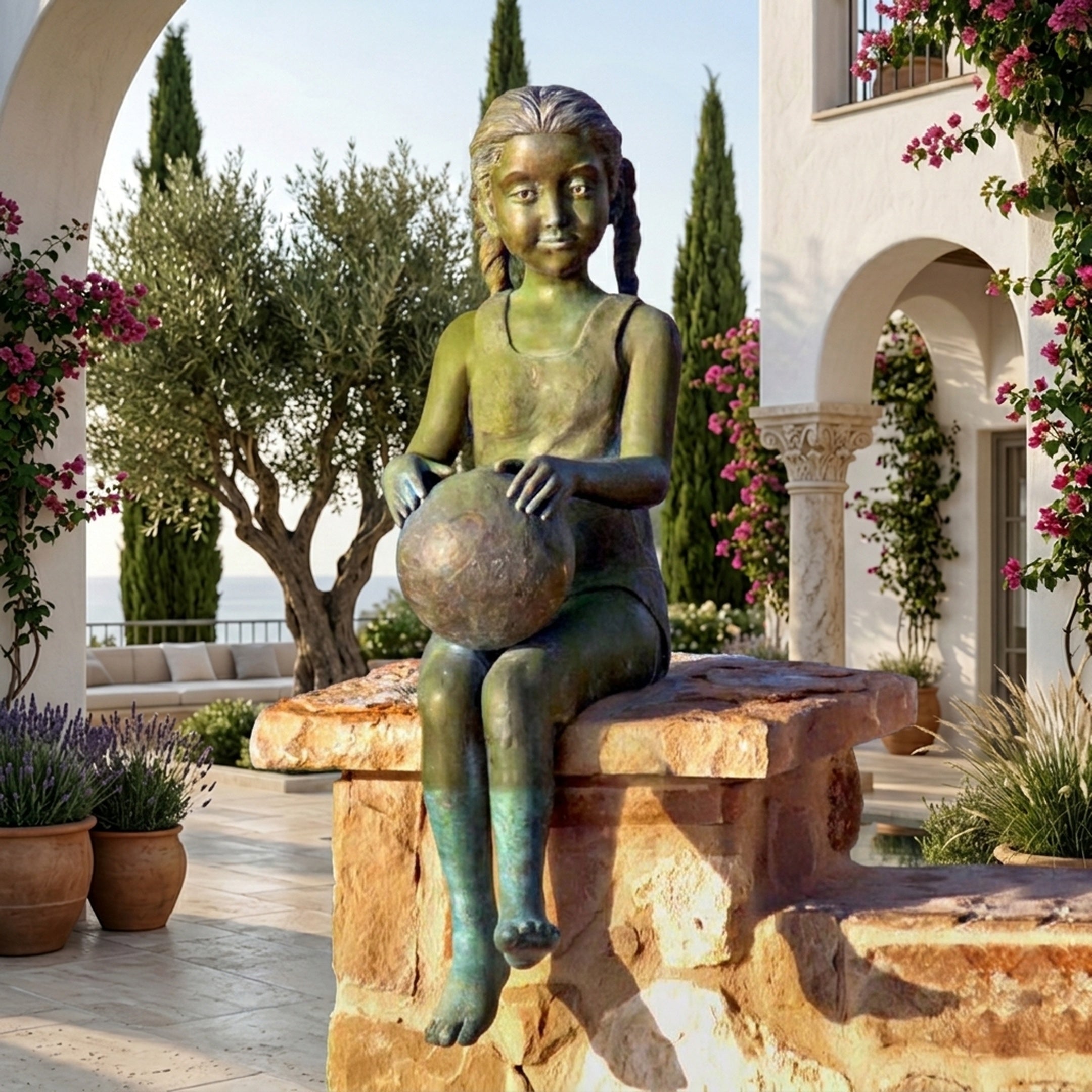 Large Traditional Seated Girl Bronze Sculpture by Giant Sculptures with green-brown verdigris patina, seated on a stone wall holding a ball in a Mediterranean courtyard.