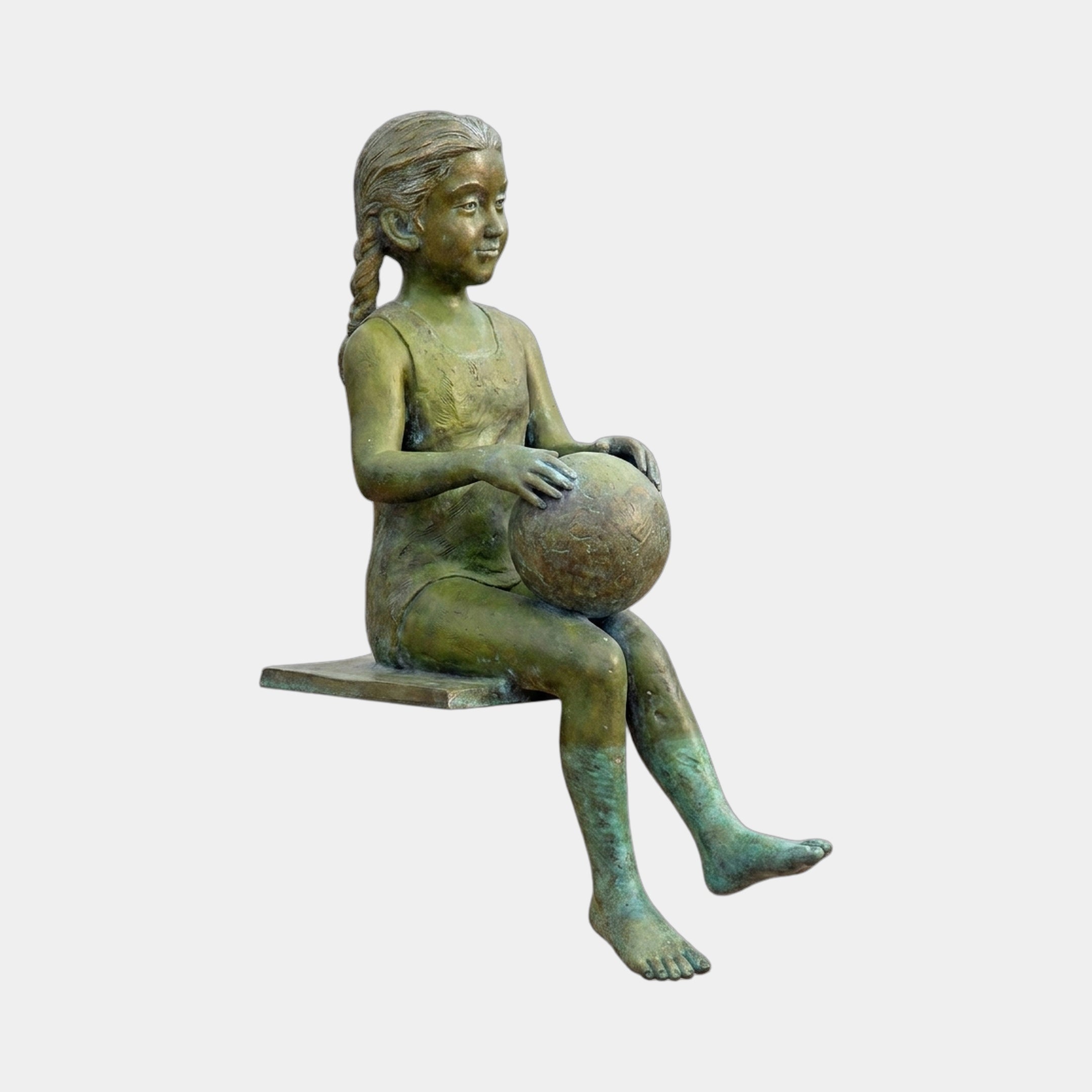 Large Traditional Seated Girl Bronze Sculpture by Giant Sculptures, 130cm, shown side-on with braided pigtail and ball in lap, green-brown verdigris patina.
