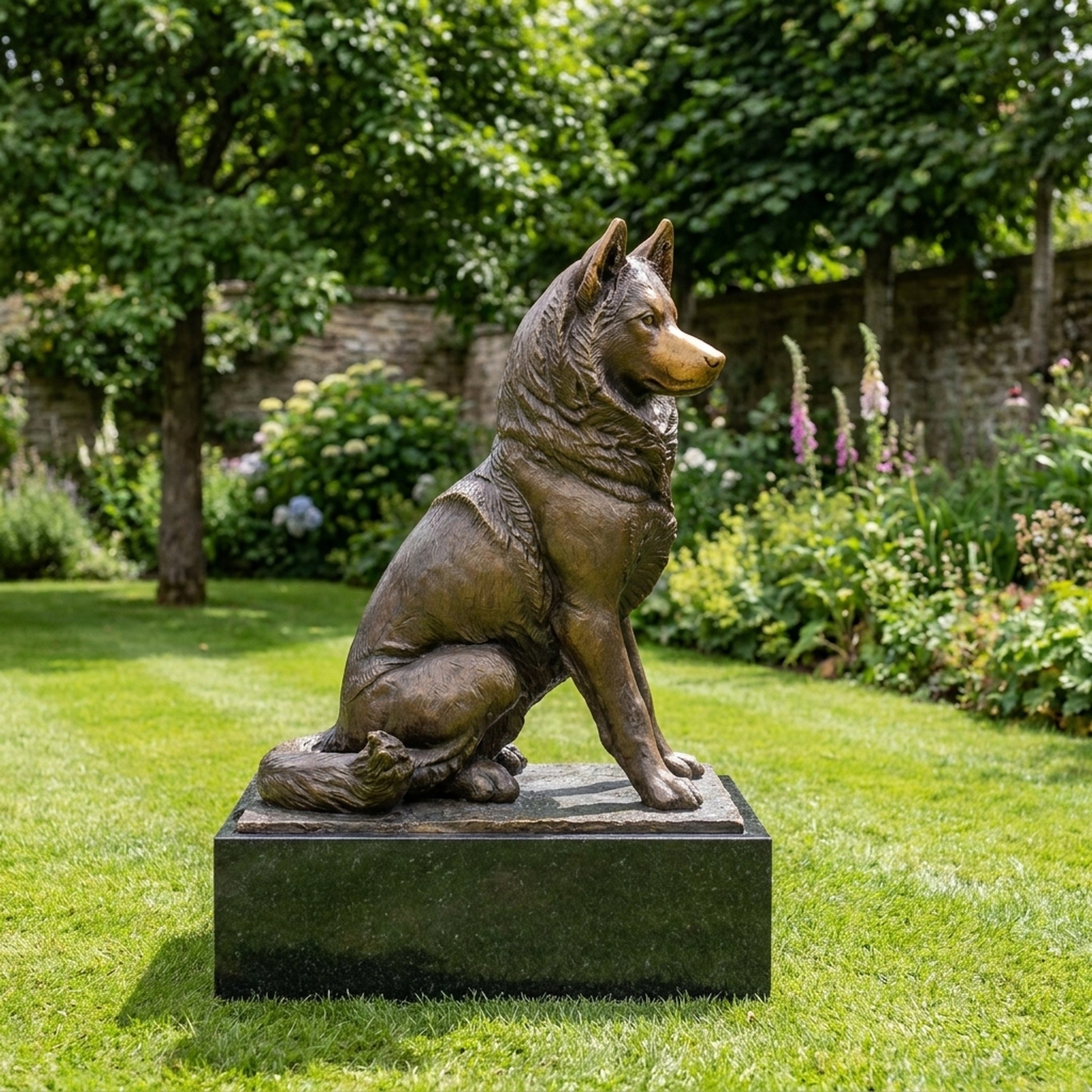 Large Traditional Seated Husky Dog Bronze Sculpture by Giant Sculptures, side profile on a dark granite plinth in a garden with flowerbeds and trees.